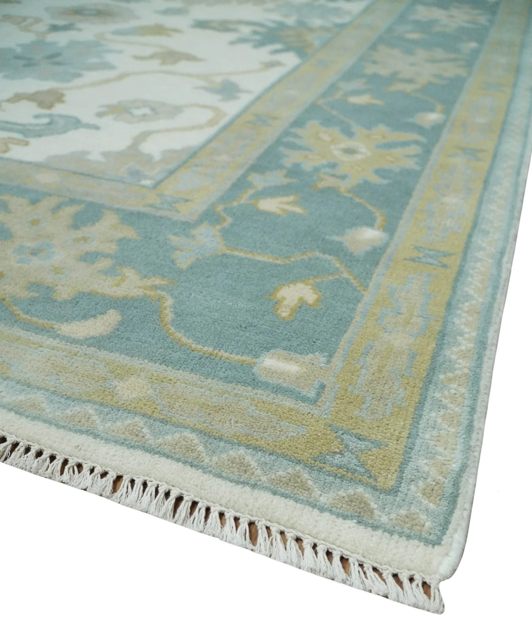 Ivory, Blue and Beige Floral Oushak Hand Knotted Traditional Turkish Inspired Custom Made Wool Area Rug - Image 5