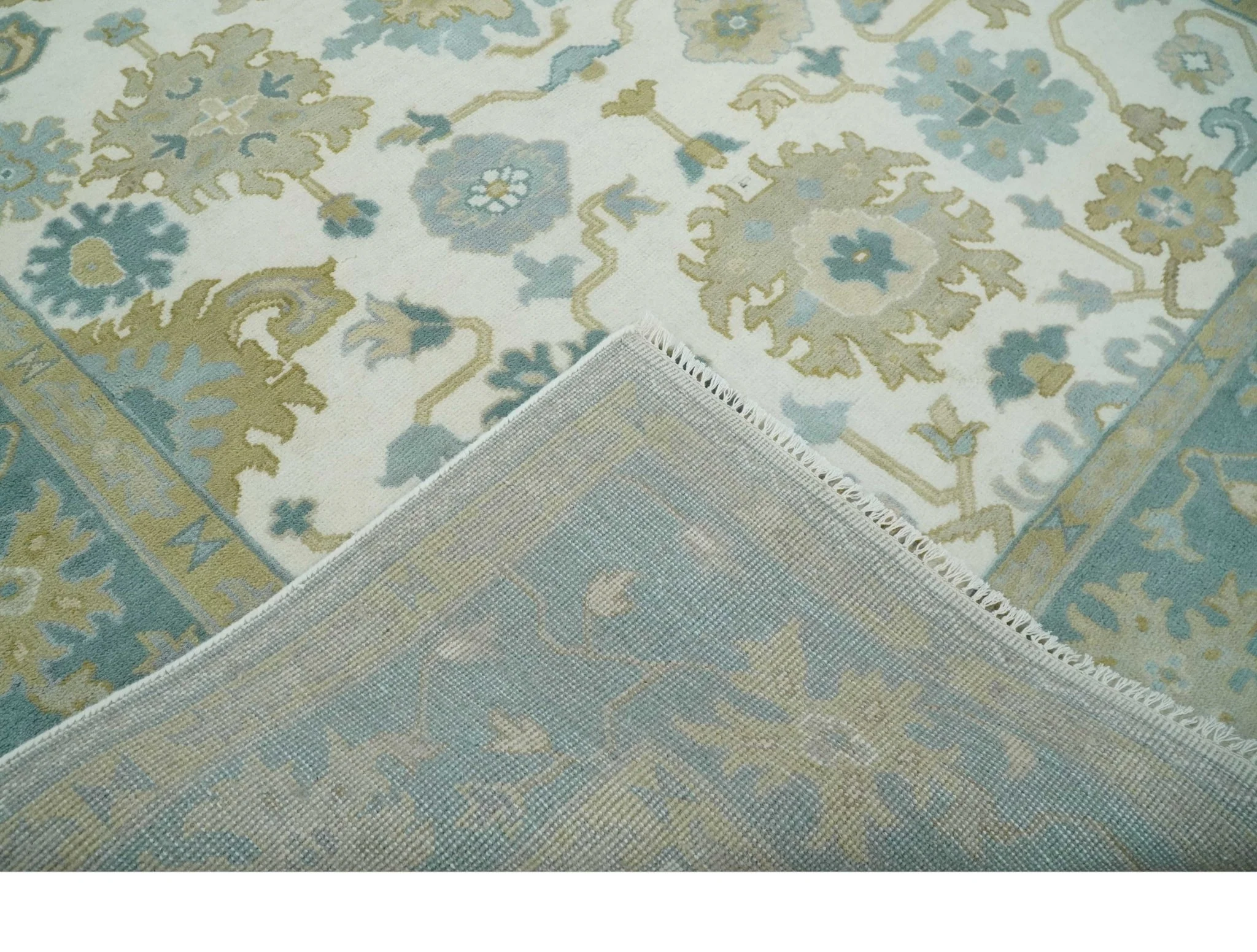 Ivory, Blue and Beige Floral Oushak Hand Knotted Traditional Turkish Inspired Custom Made Wool Area Rug - Image 8