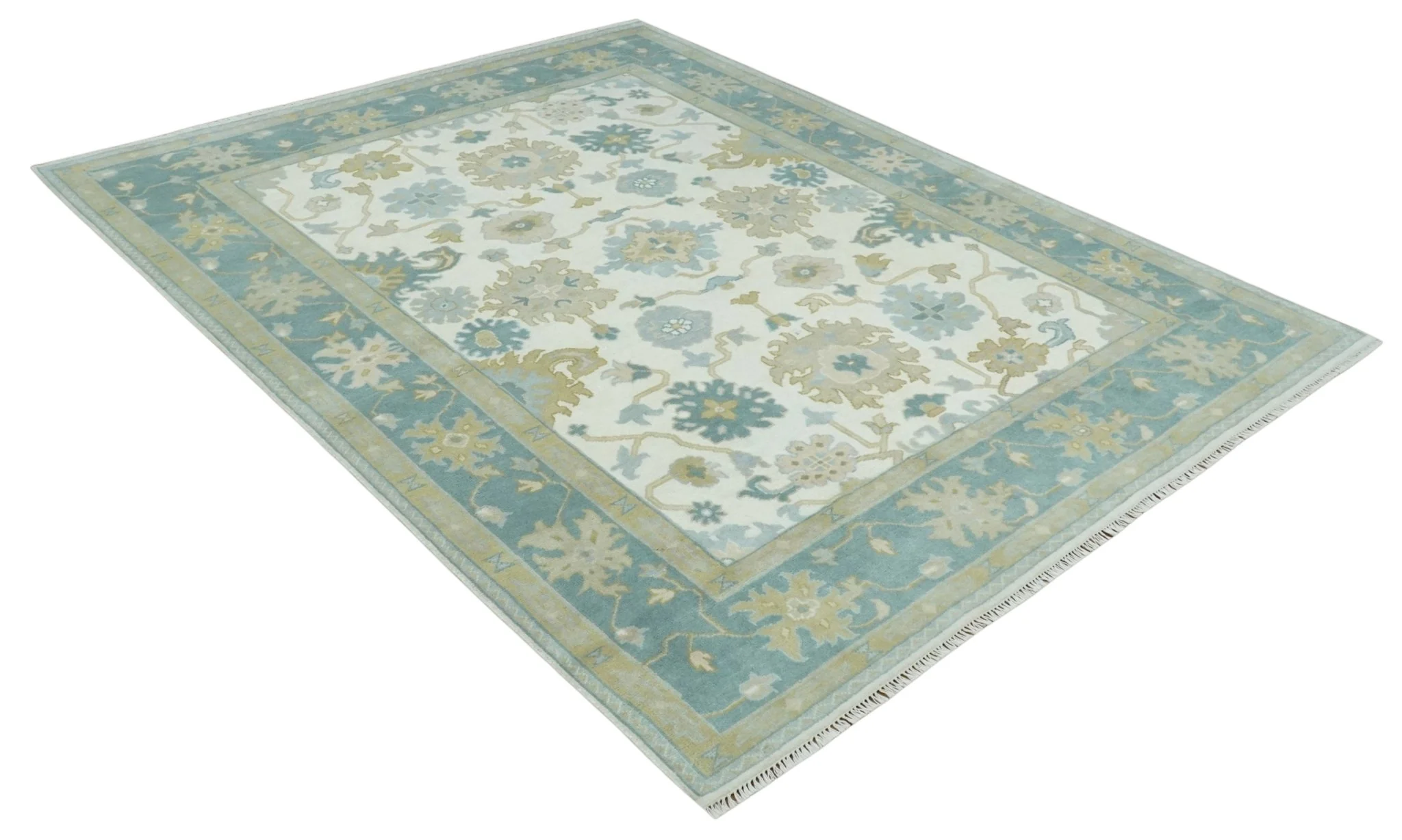 Ivory, Blue and Beige Floral Oushak Hand Knotted Traditional Turkish Inspired Custom Made Wool Area Rug - Image 9