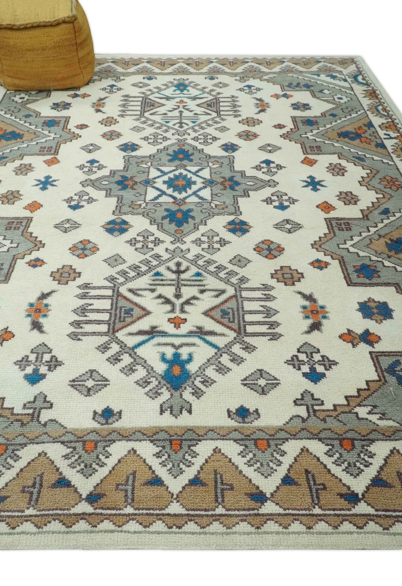 Custom Made Ivory, Gray and Camel Traditional Hand knotted Wool Area Rug - Image 4