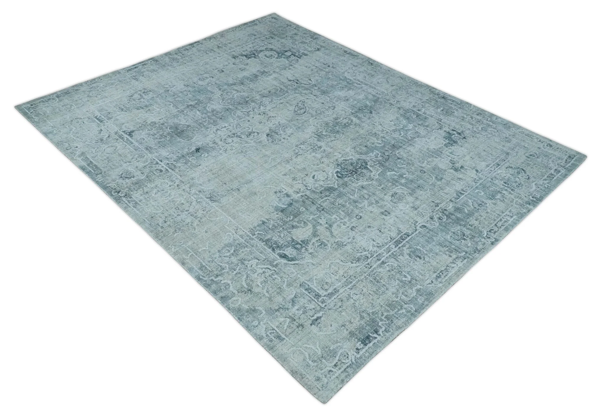 One of a Kind 8x10 Ivory, Gray and Charcoal Traditional Erased Hand Loomed Art Silk Area Rug - Image 10