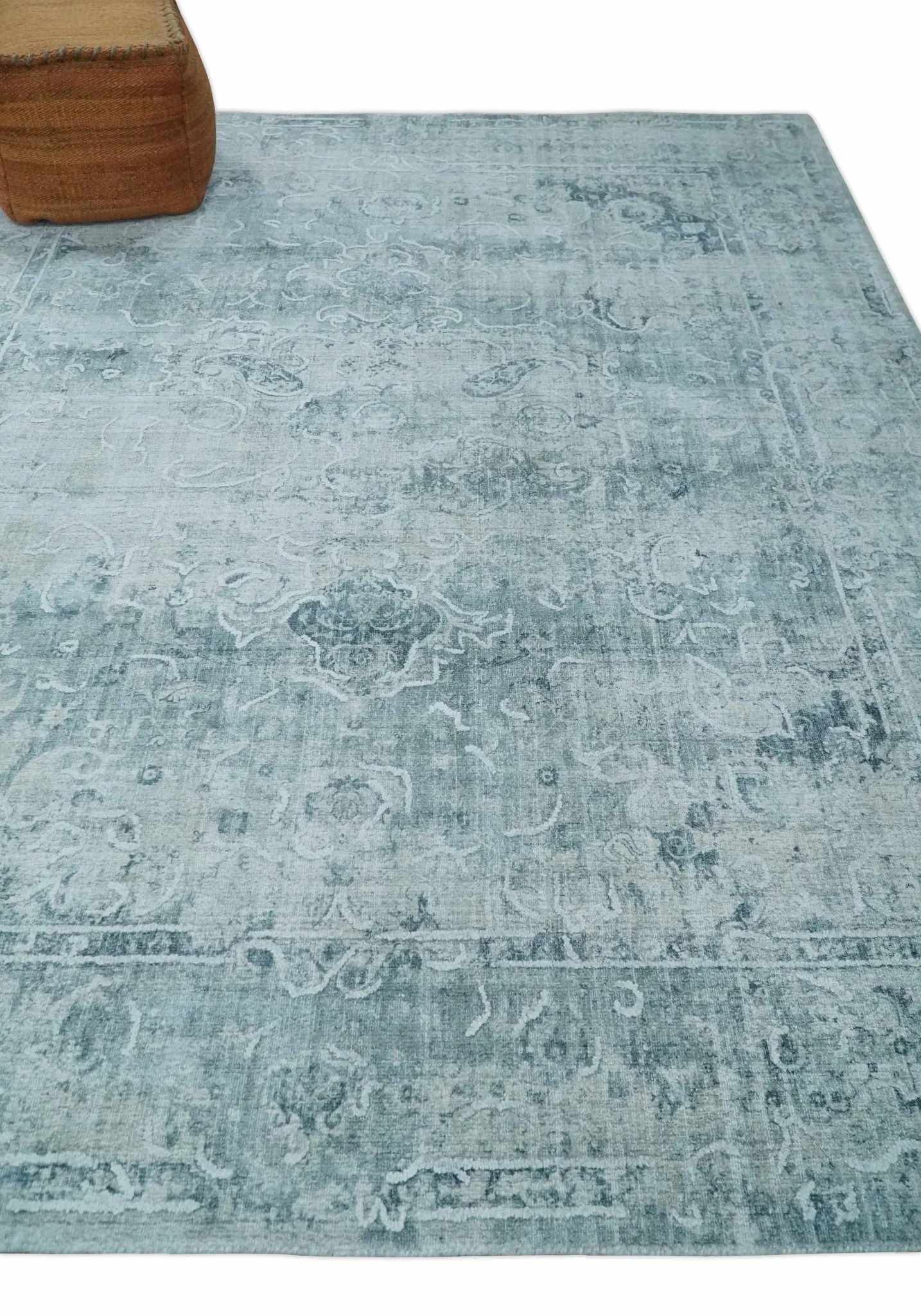 One of a Kind 8x10 Ivory, Gray and Charcoal Traditional Erased Hand Loomed Art Silk Area Rug - Image 3