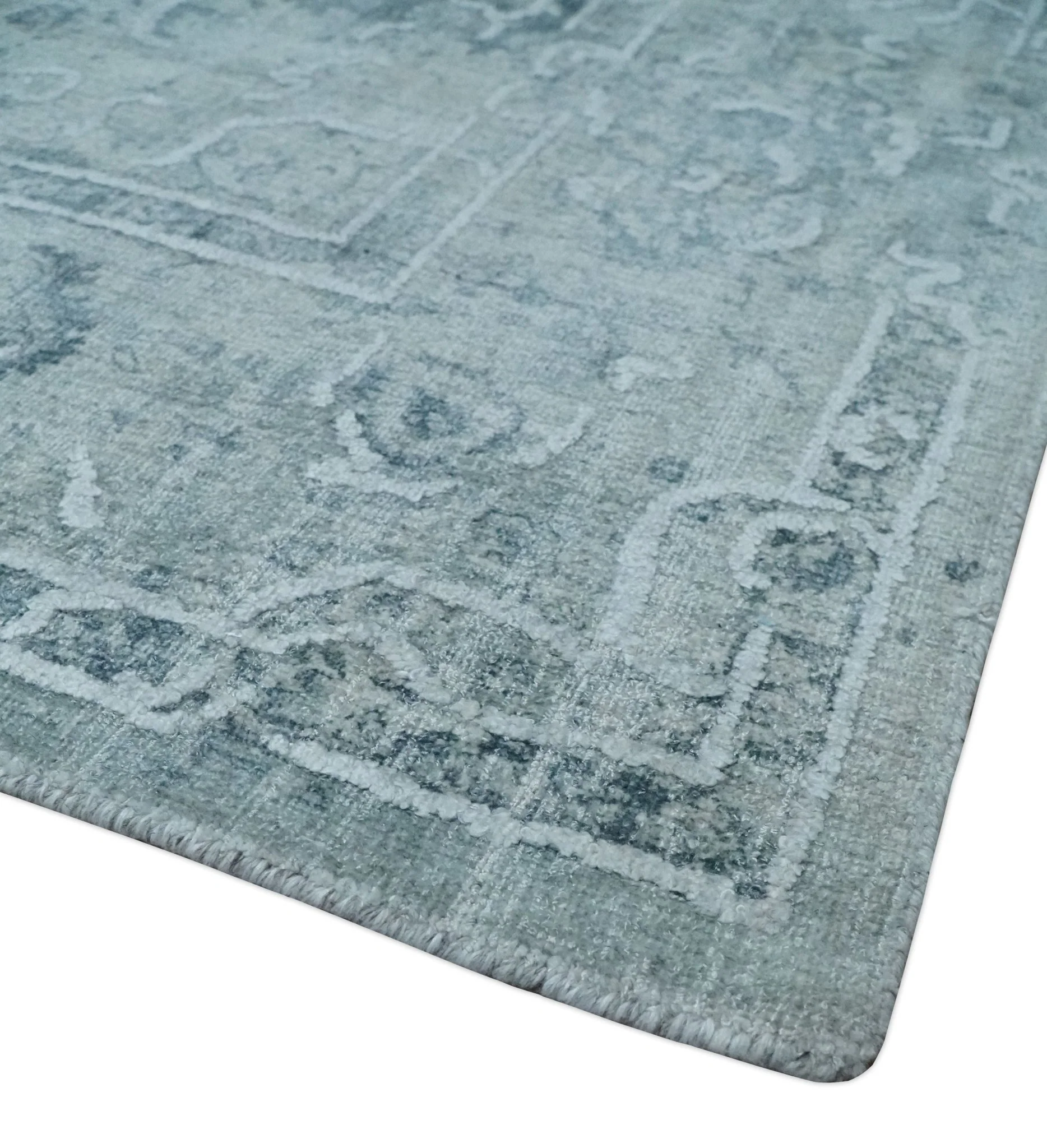One of a Kind 8x10 Ivory, Gray and Charcoal Traditional Erased Hand Loomed Art Silk Area Rug - Image 5