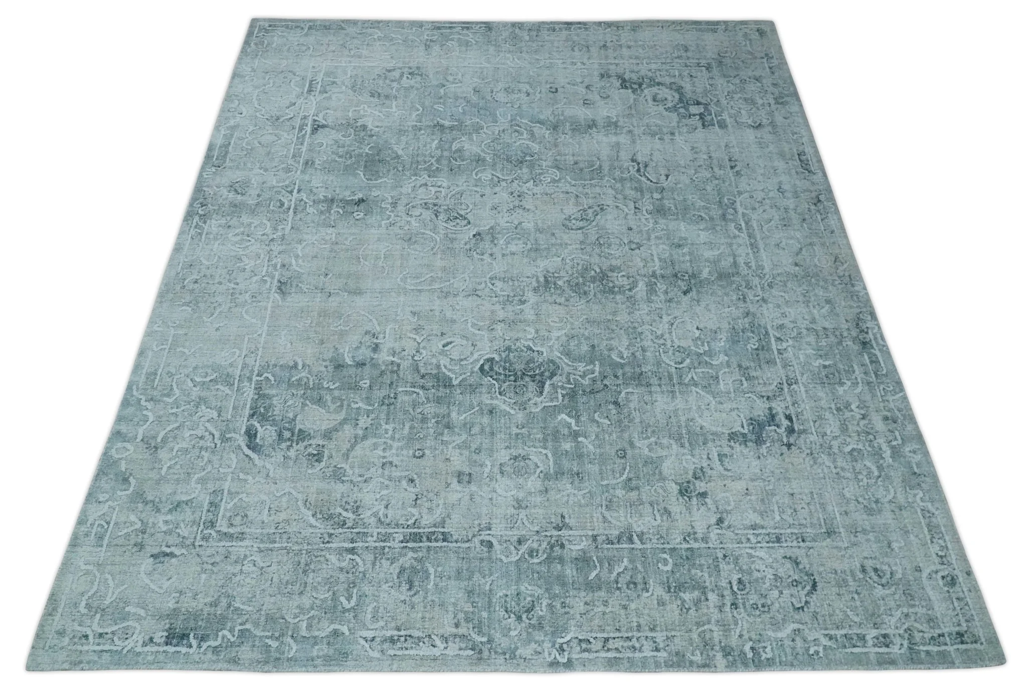 One of a Kind 8x10 Ivory, Gray and Charcoal Traditional Erased Hand Loomed Art Silk Area Rug - Image 9