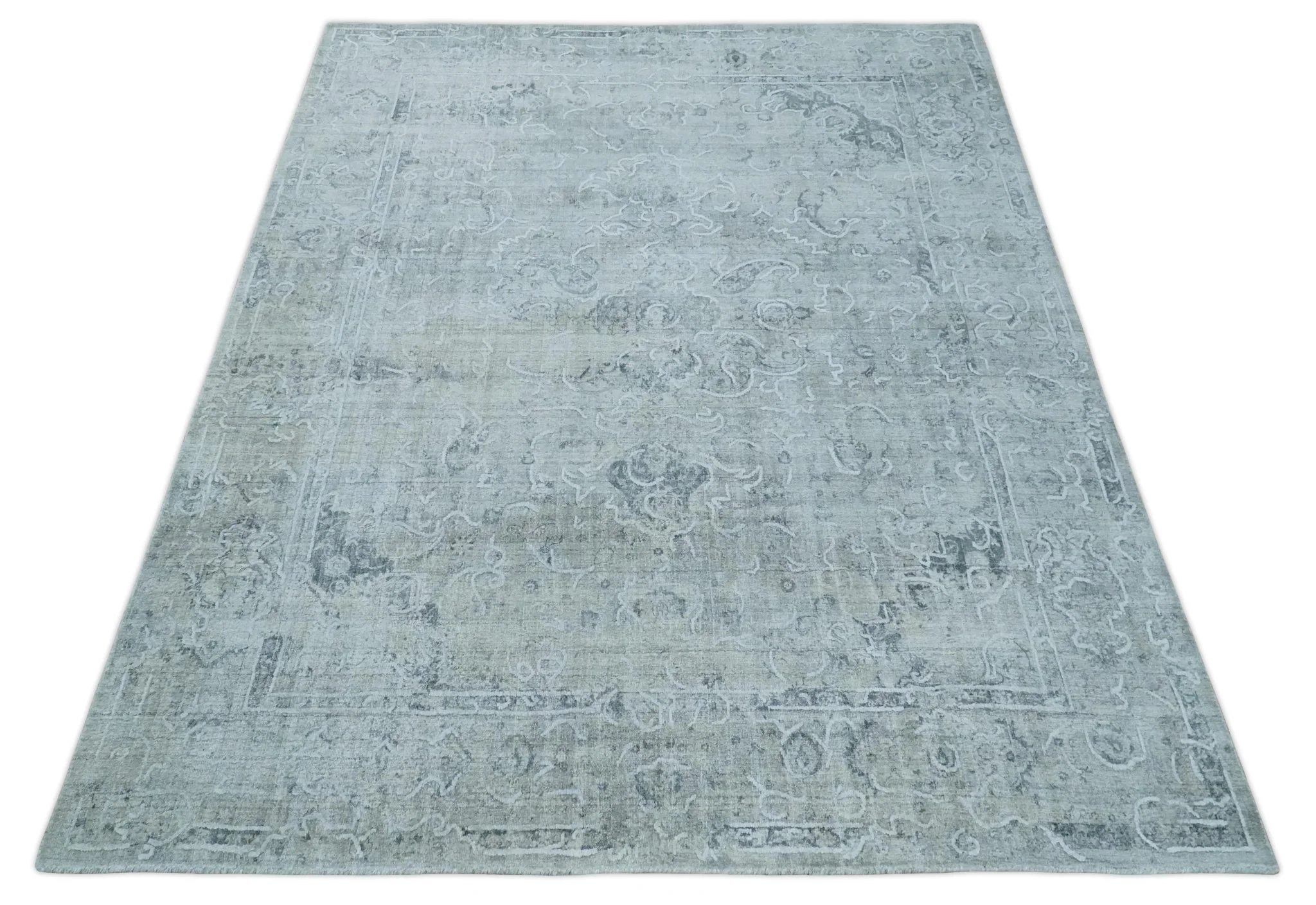 One of a Kind Traditional 8x10 Ivory, Gray and Charcoal Traditionally Hand Loomed Art Silk Area Rug - Image 10
