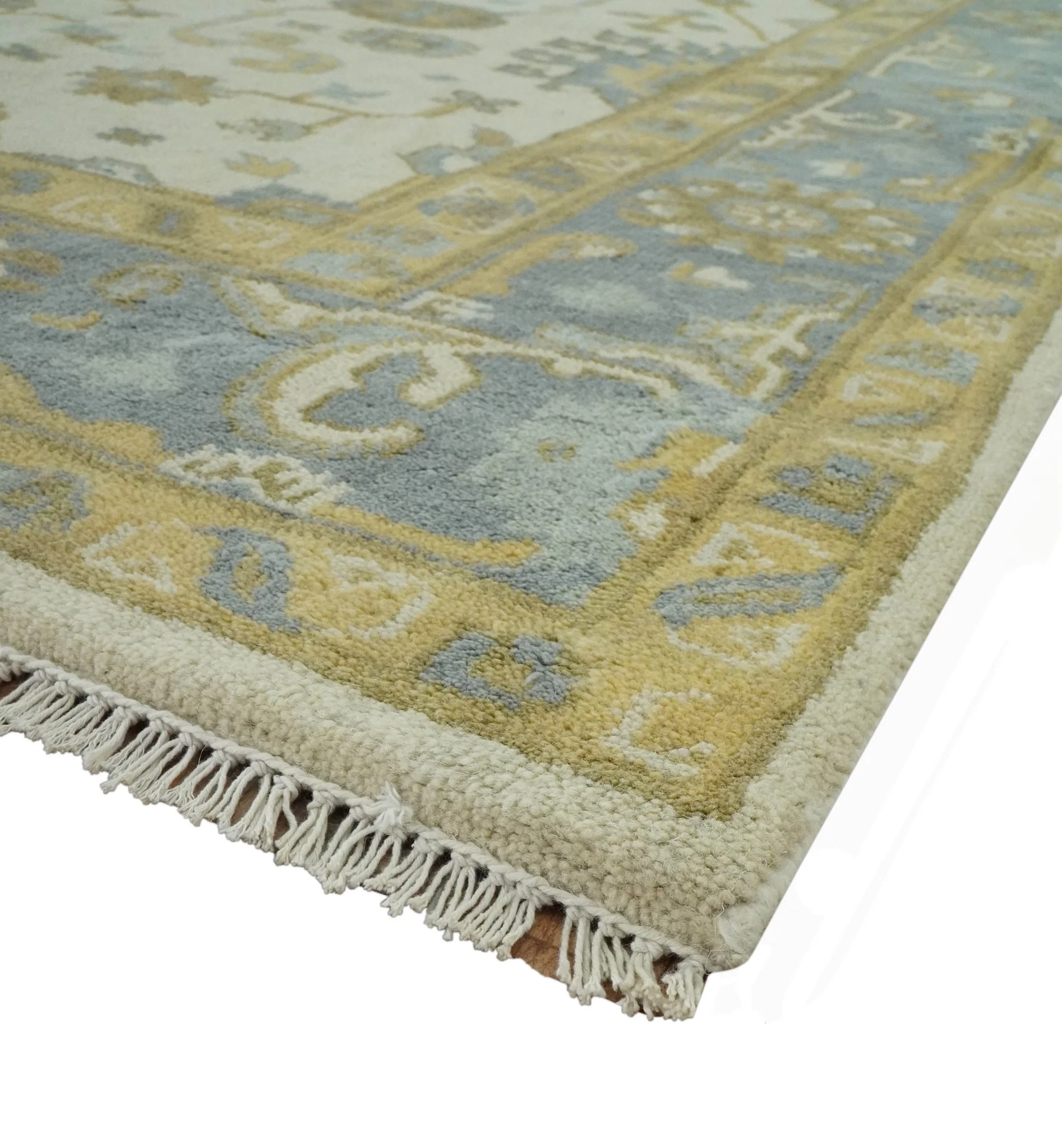 6x9 Hand Knotted Ivory, Gray and Mustard Traditional Oriental Oushak wool rug - Image 10