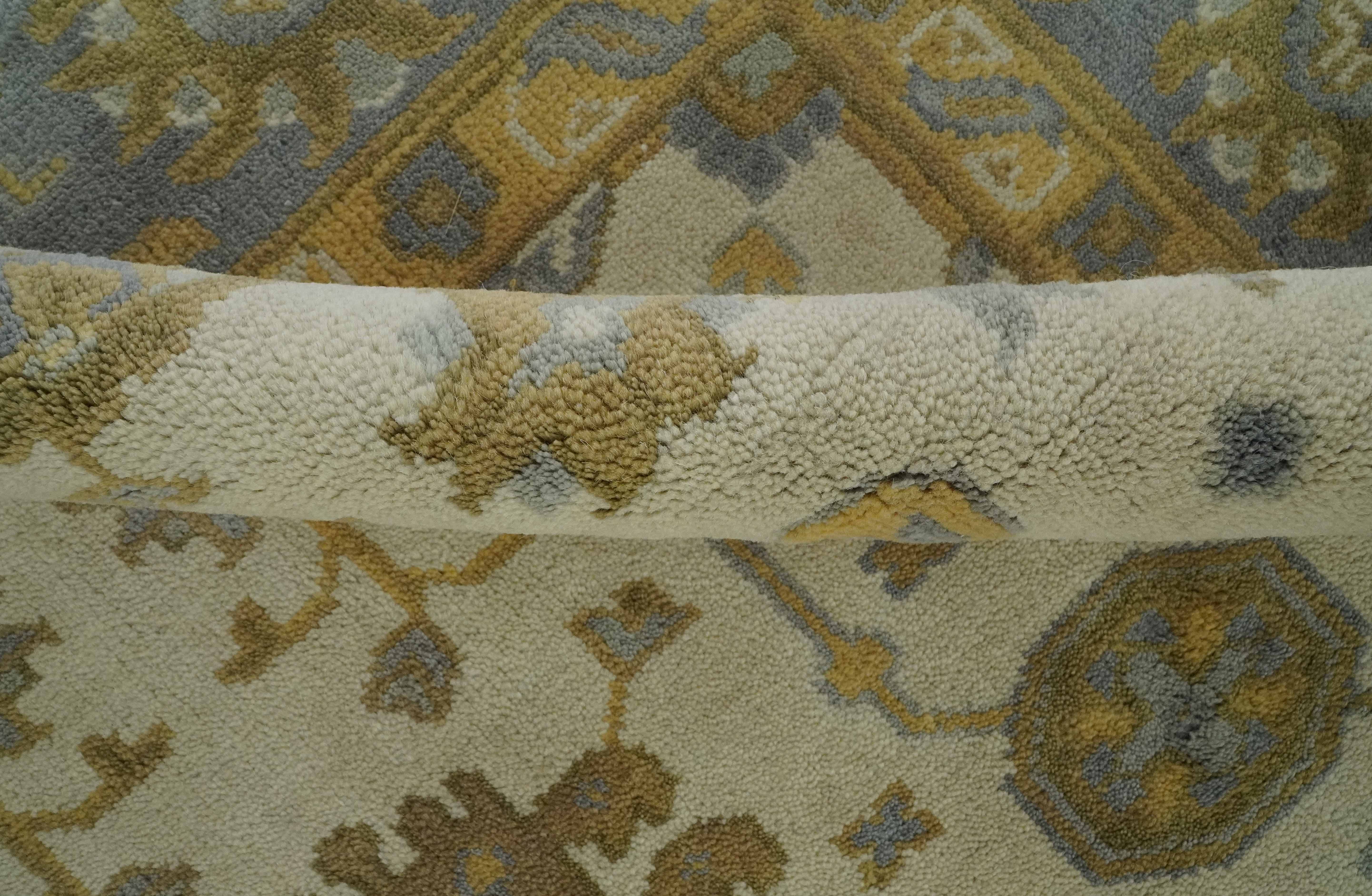 6x9 Hand Knotted Ivory, Gray and Mustard Traditional Oriental Oushak wool rug - Image 2