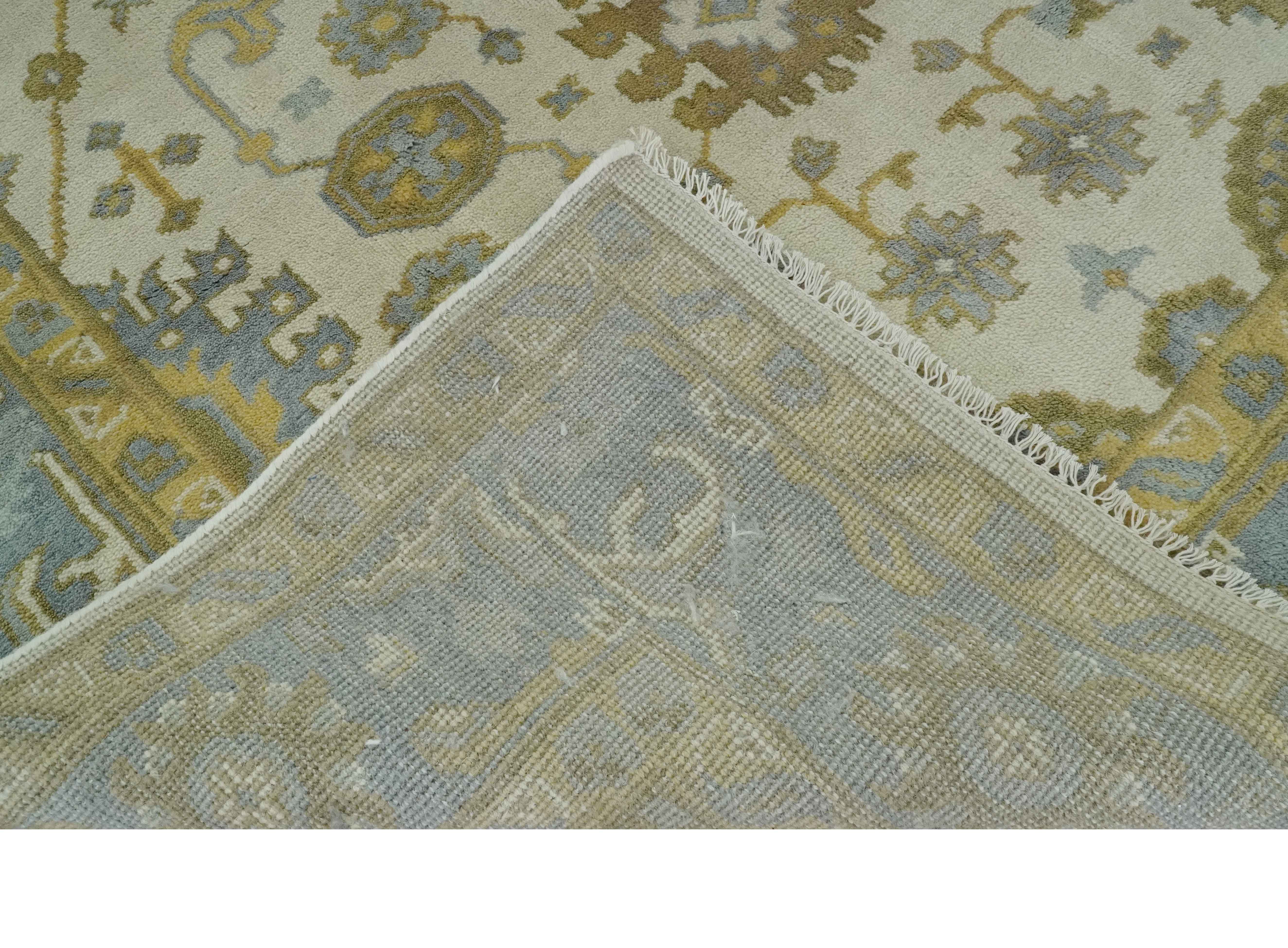 6x9 Hand Knotted Ivory, Gray and Mustard Traditional Oriental Oushak wool rug - Image 3