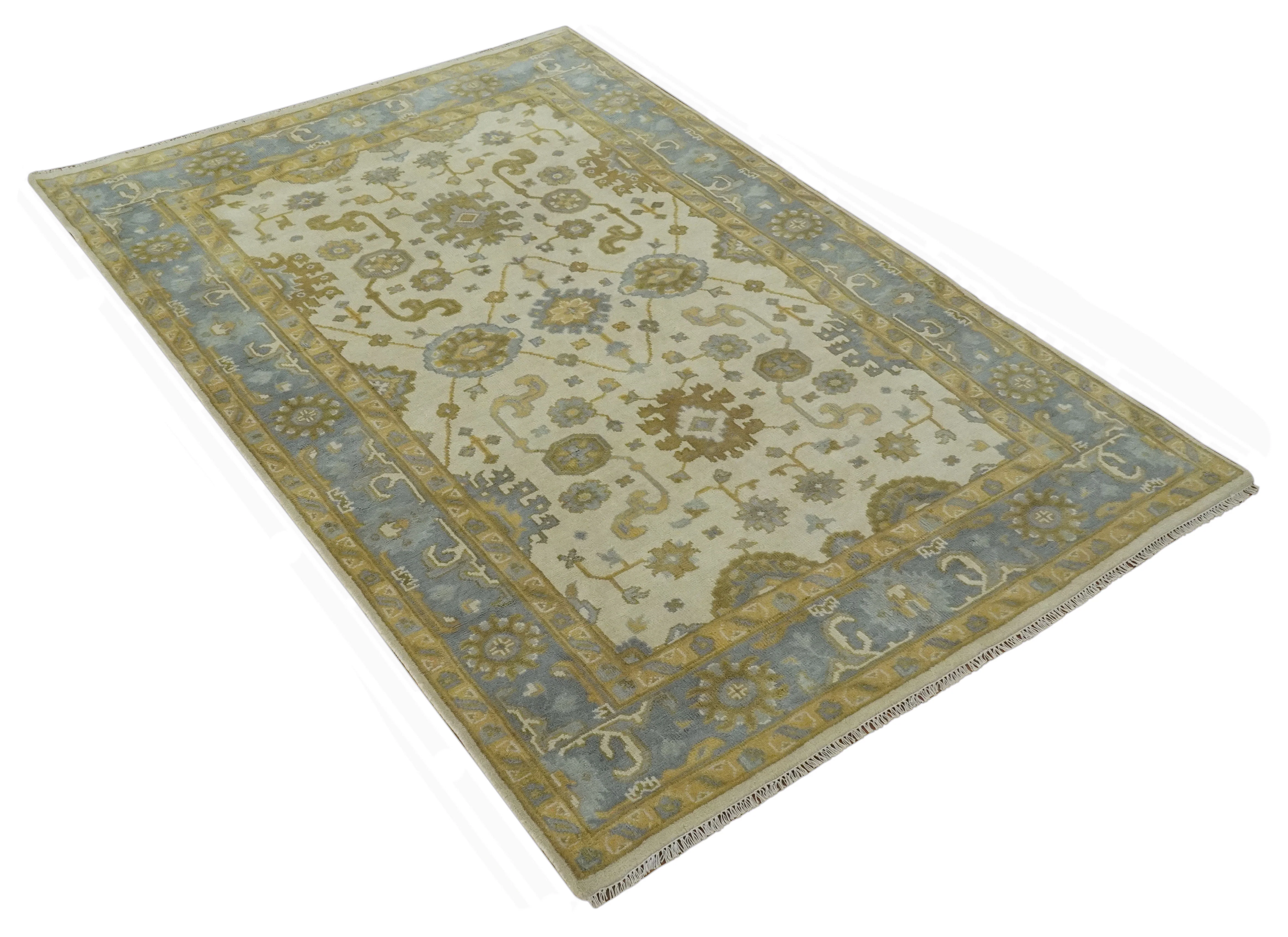 6x9 Hand Knotted Ivory, Gray and Mustard Traditional Oriental Oushak wool rug - Image 5