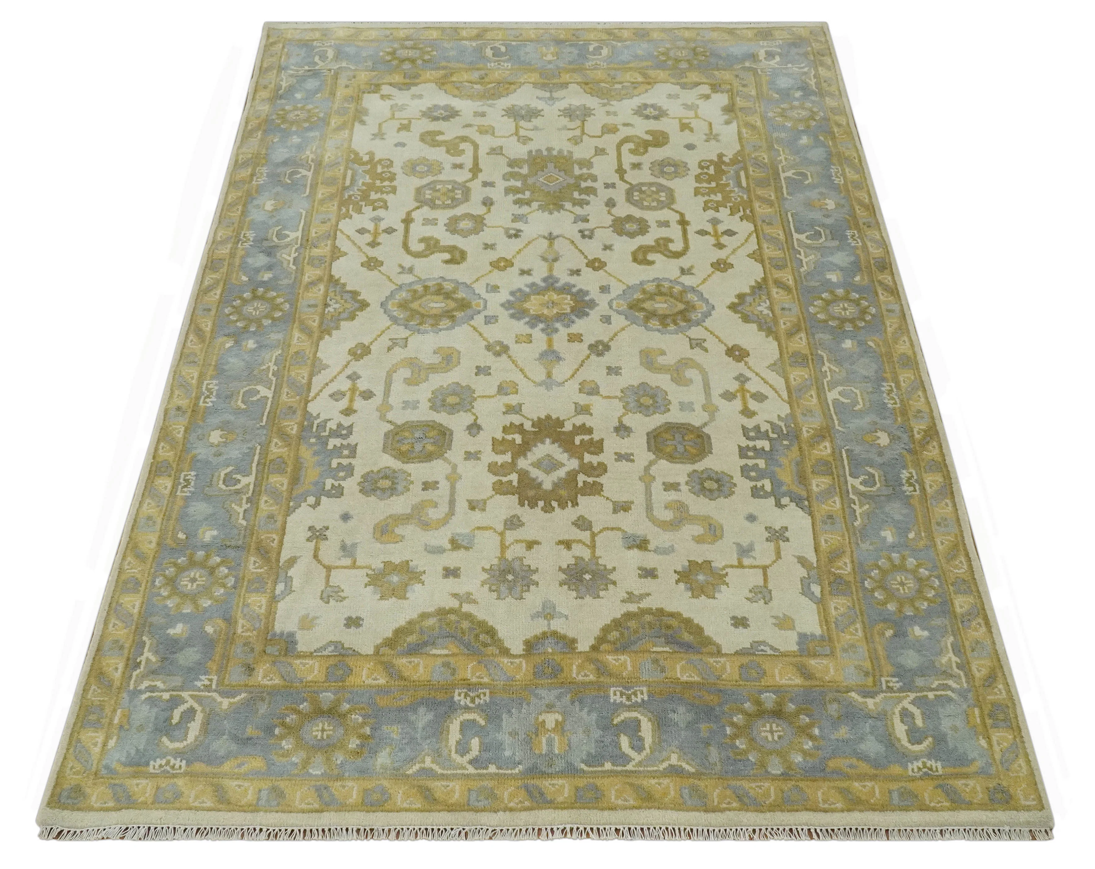 6x9 Hand Knotted Ivory, Gray and Mustard Traditional Oriental Oushak wool rug - Image 6
