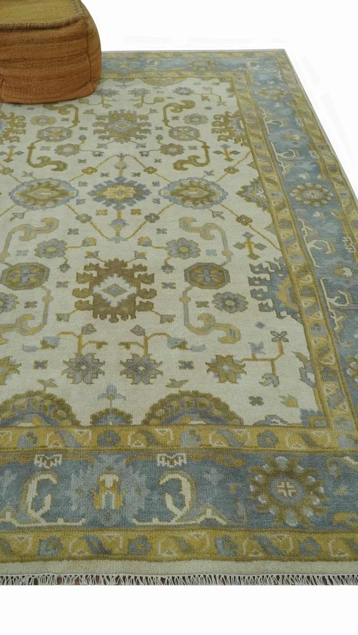 6x9 Hand Knotted Ivory, Gray and Mustard Traditional Oriental Oushak wool rug - Image 8