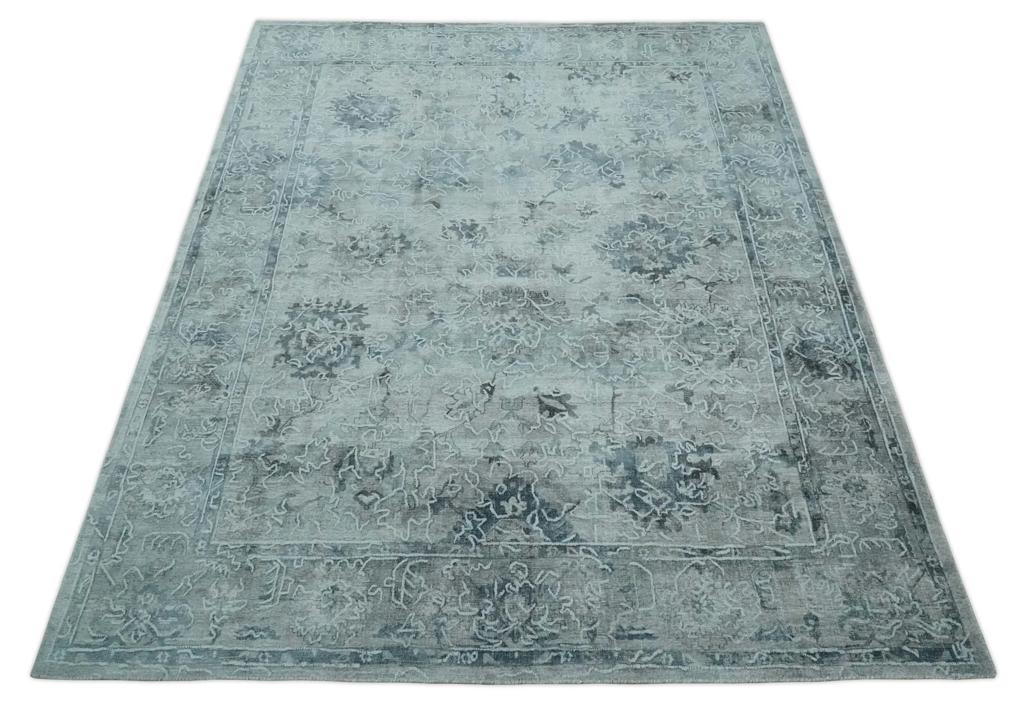 8x10 Ivory, Gray and Silver Modern Erased Traditional Handmade Art Silk Area Rug - Image 10