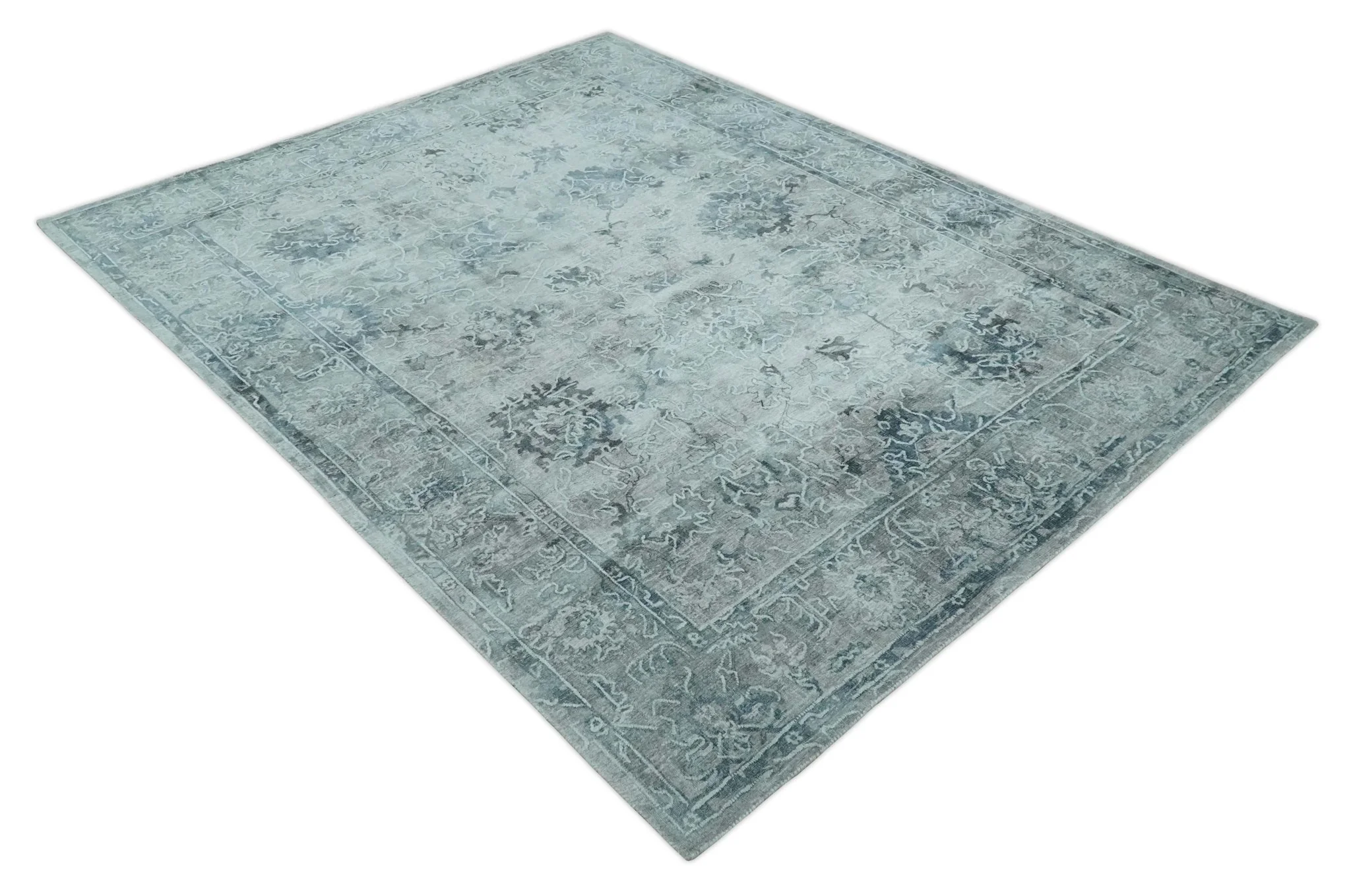 8x10 Ivory, Gray and Silver Modern Erased Traditional Handmade Art Silk Area Rug - Image 9