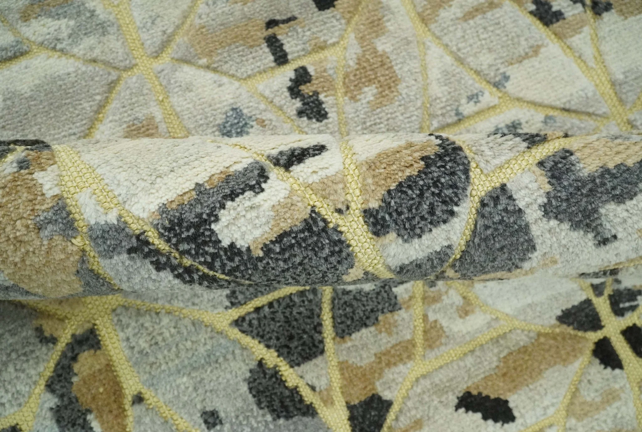 Carved Texture Abstract Ivory, Gray, Camel, Charcoal and Gold Hand Knotted 5x8 wool Rug - Image 10