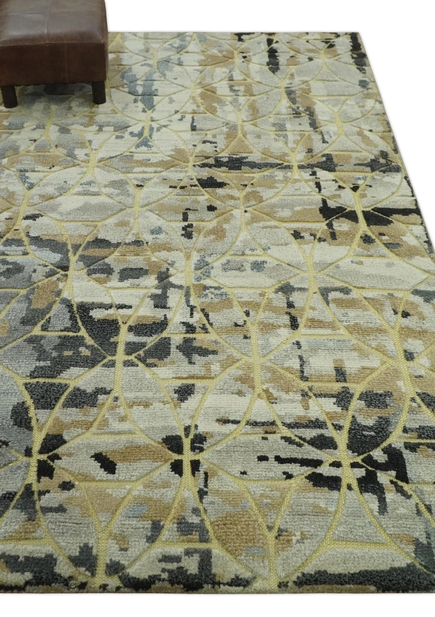 Carved Texture Abstract Ivory, Gray, Camel, Charcoal and Gold Hand Knotted 5x8 wool Rug - Image 4