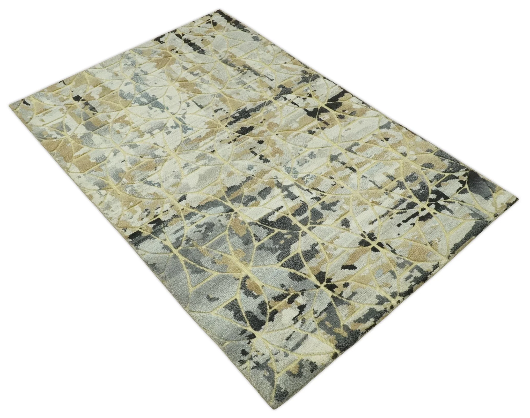 Carved Texture Abstract Ivory, Gray, Camel, Charcoal and Gold Hand Knotted 5x8 wool Rug - Image 5