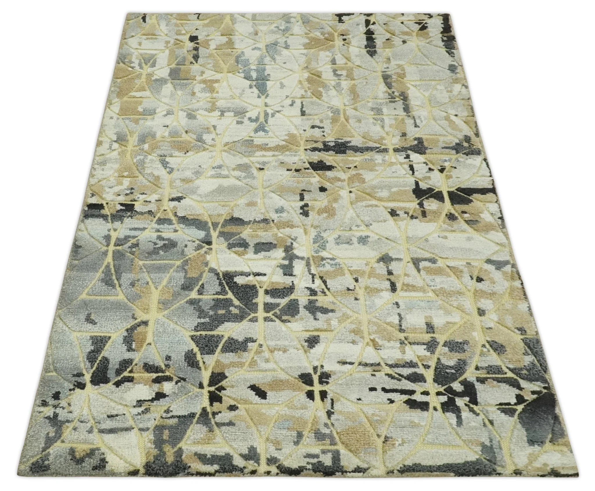 Carved Texture Abstract Ivory, Gray, Camel, Charcoal and Gold Hand Knotted 5x8 wool Rug - Image 6