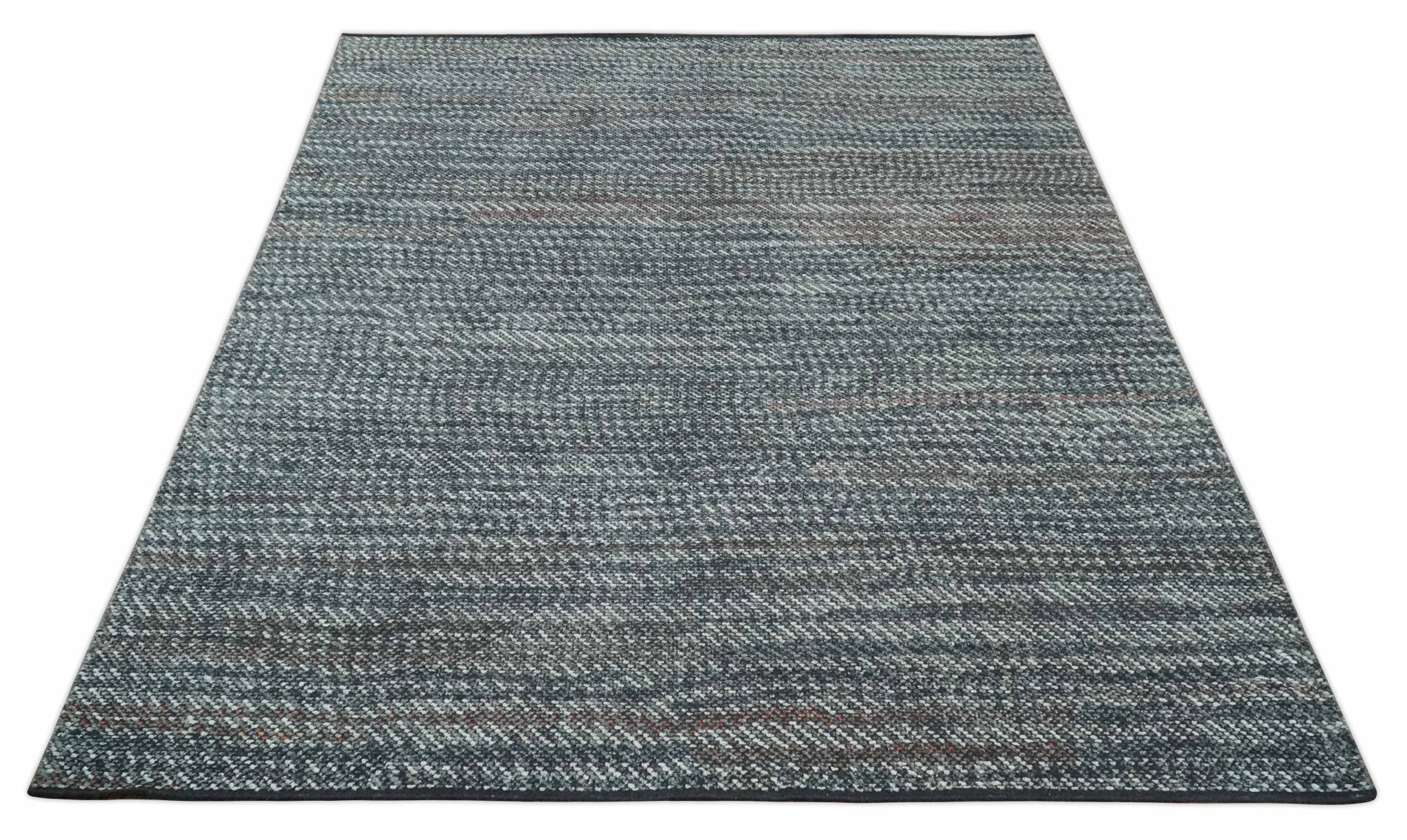 Ivory, Gray, Charcoal and Brown Antique Stripes Design Hand knotted 8x10 wool Area Rug - Image 10