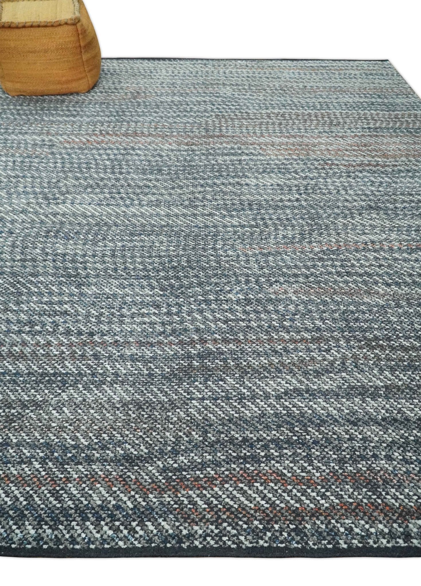 Ivory, Gray, Charcoal and Brown Antique Stripes Design Hand knotted 8x10 wool Area Rug - Image 3