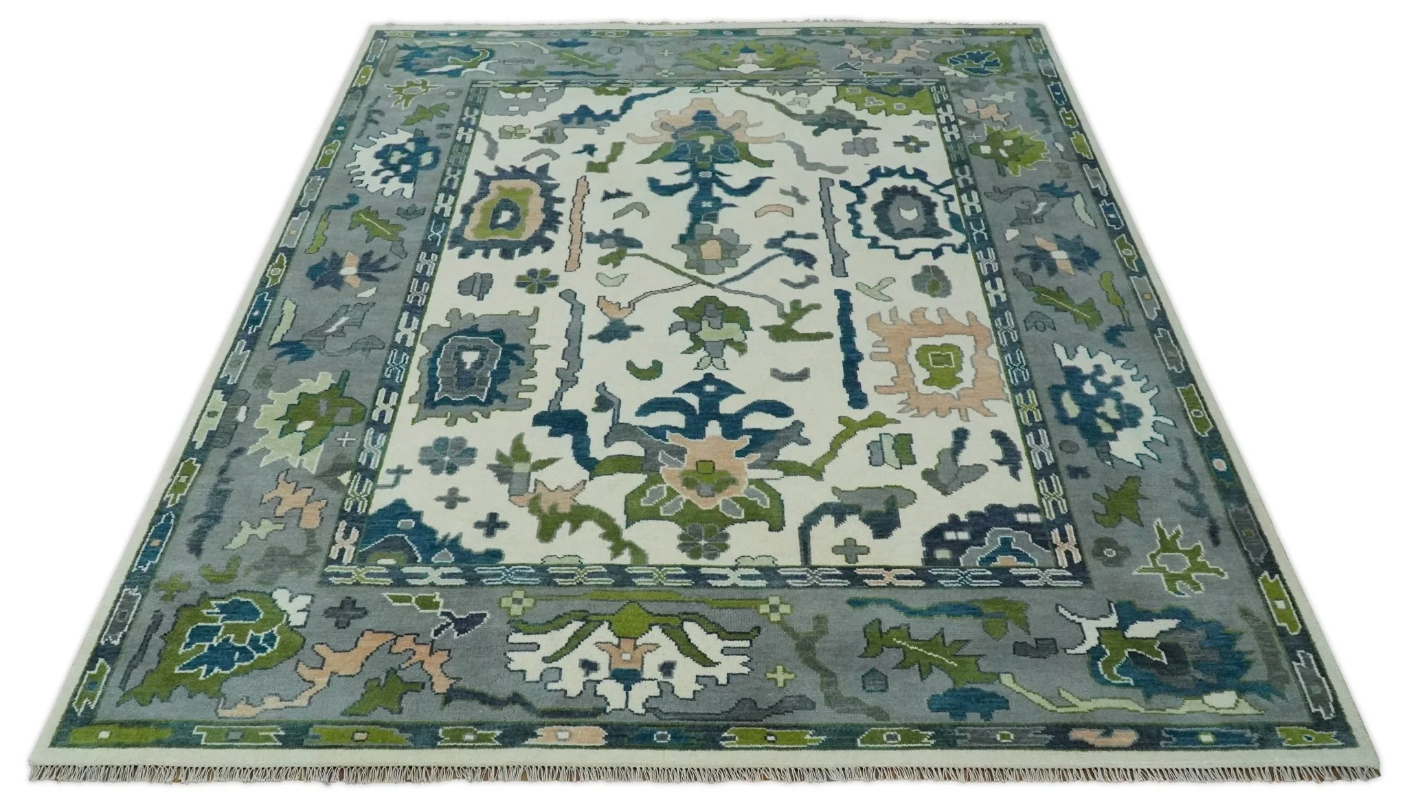 Custom Made Ivory, Gray and Green Hand knotted Traditional Oushak Wool Area Rug - Image 11