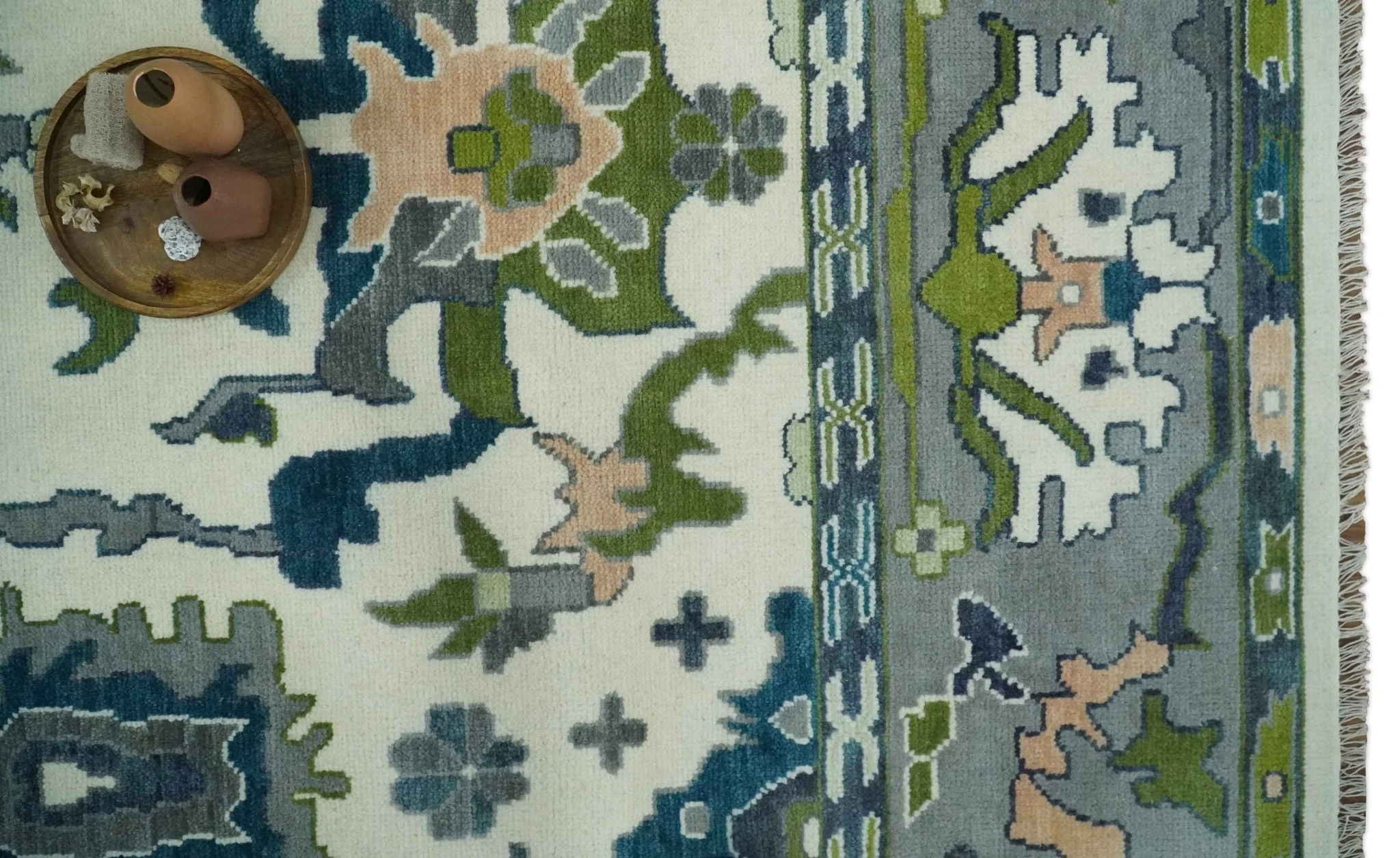Custom Made Ivory, Gray and Green Hand knotted Traditional Oushak Wool Area Rug - Image 12