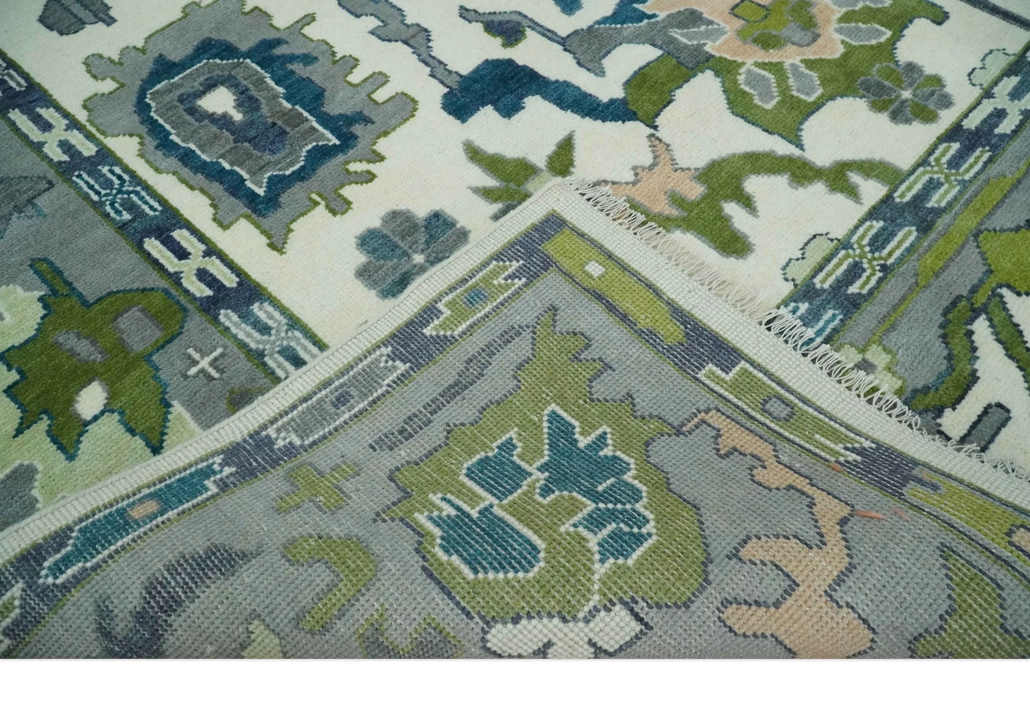 Custom Made Ivory, Gray and Green Hand knotted Traditional Oushak Wool Area Rug - Image 7