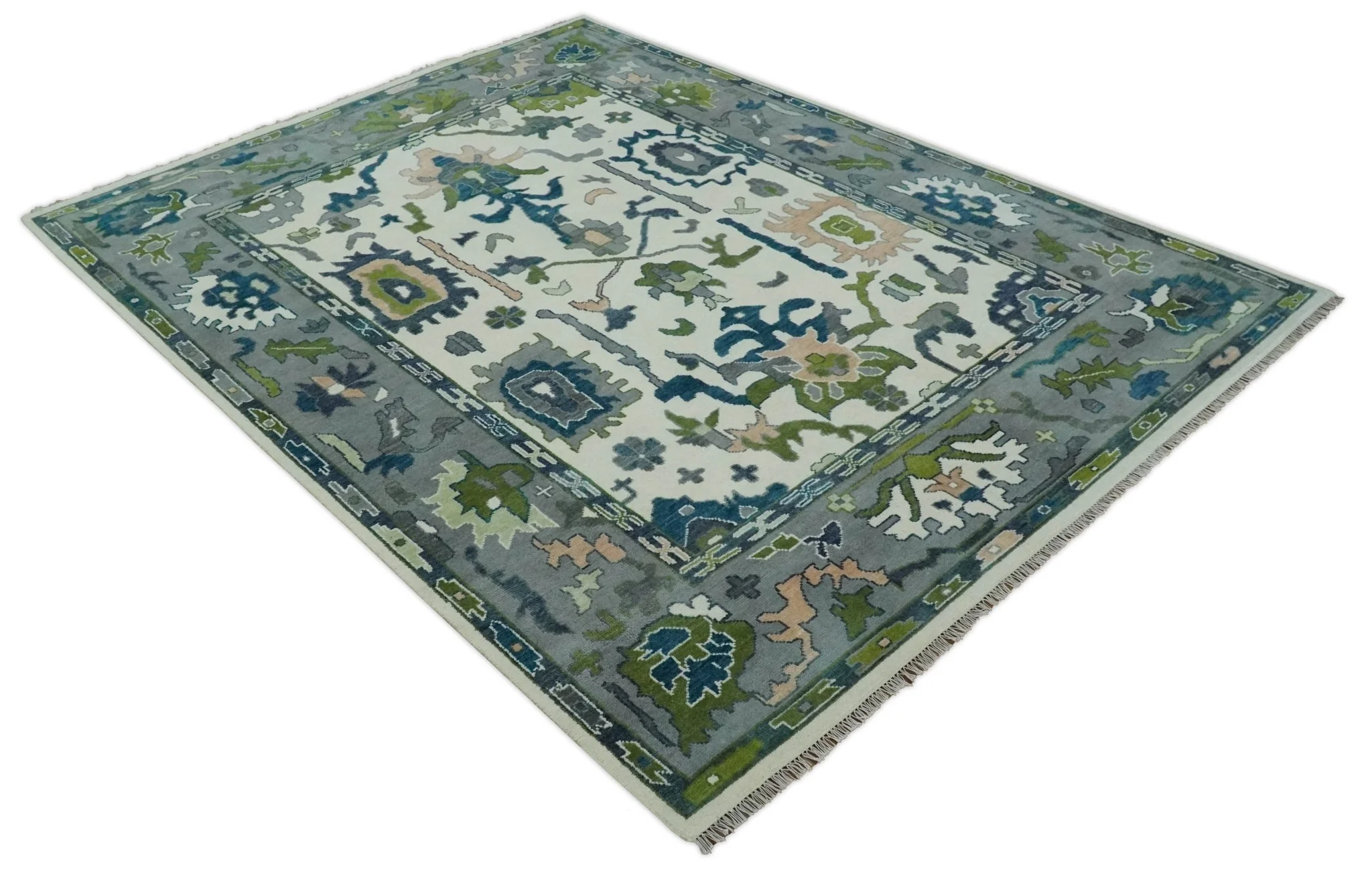 Ivory, Gray, Teal and Green Hand knotted Traditional Oushak 9x12 Wool Area Rug - Image 10