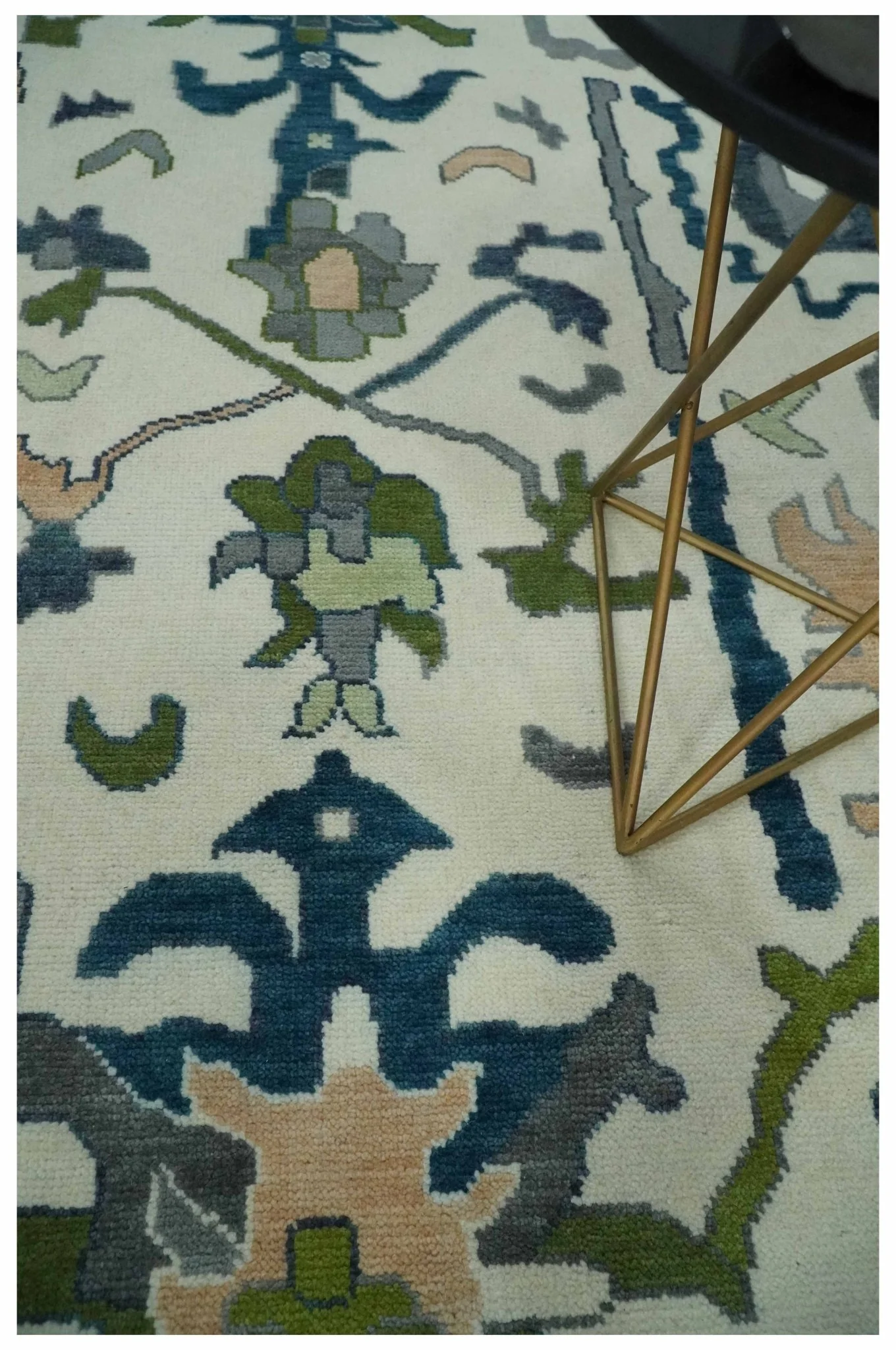 Ivory, Gray, Teal and Green Hand knotted Traditional Oushak 9x12 Wool Area Rug - Image 3