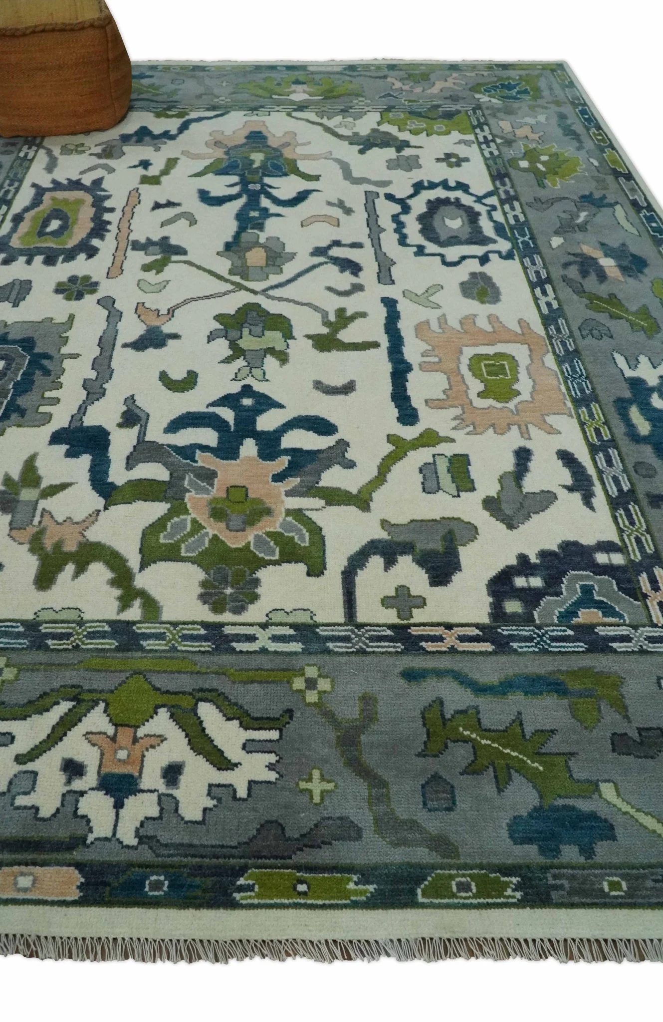 Ivory, Gray, Teal and Green Hand knotted Traditional Oushak 9x12 Wool Area Rug - Image 4