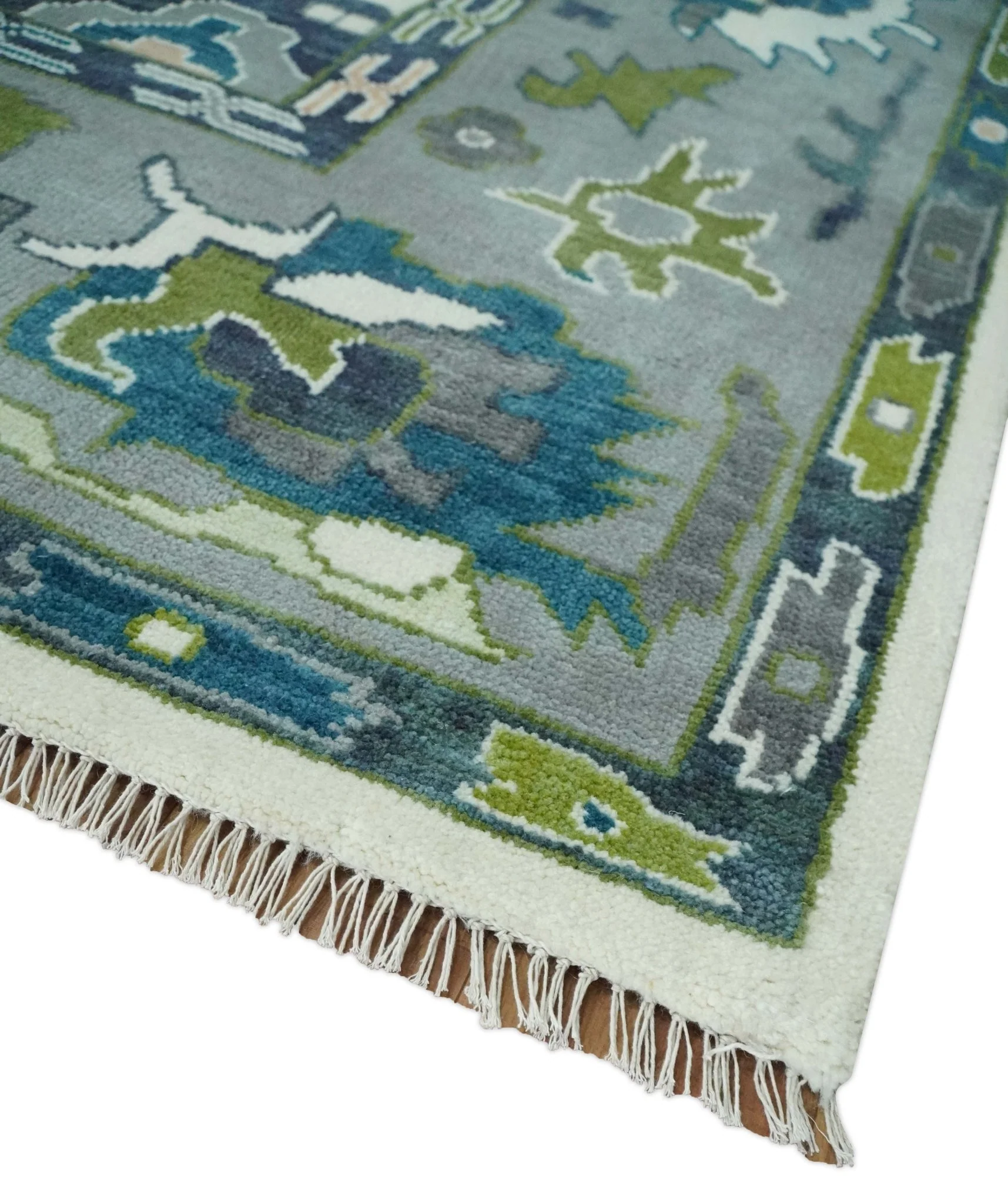 Ivory, Gray, Teal and Green Hand knotted Traditional Oushak 9x12 Wool Area Rug - Image 6