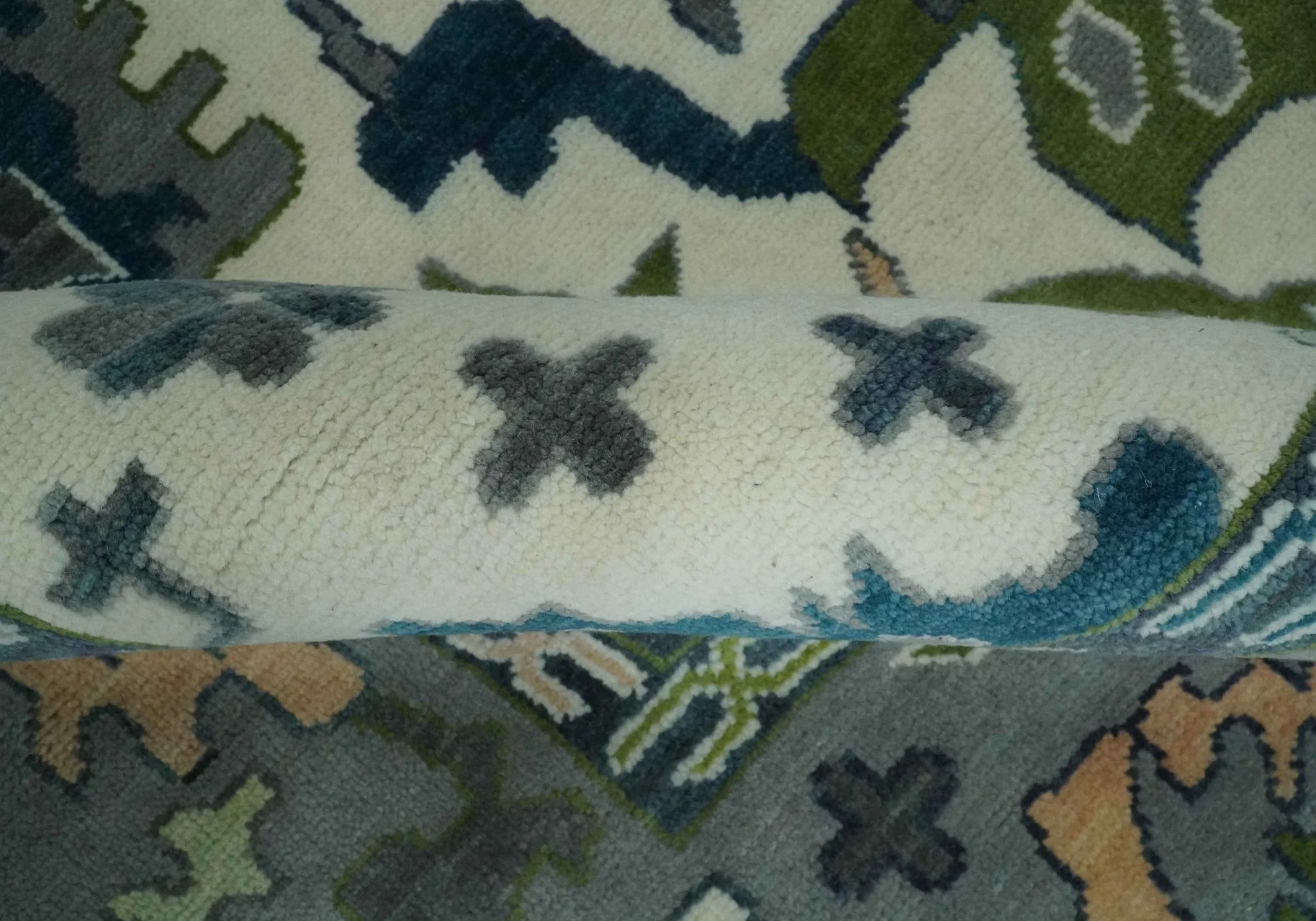 Ivory, Gray, Teal and Green Hand knotted Traditional Oushak 9x12 Wool Area Rug - Image 8