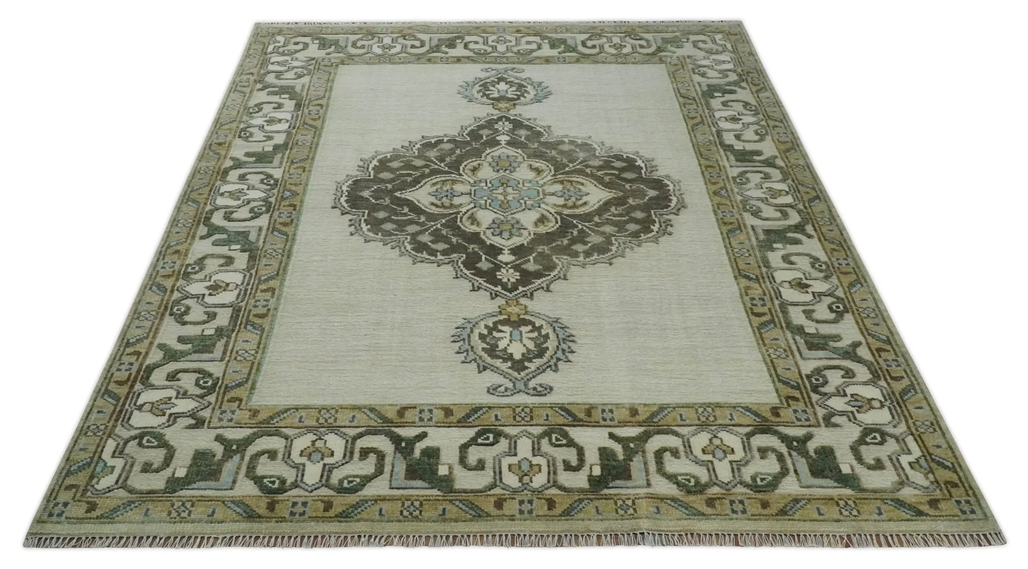 Ivory, Green and Beige Traditional Medallion Hand knotted Multi Size wool Area Rug - Image 10