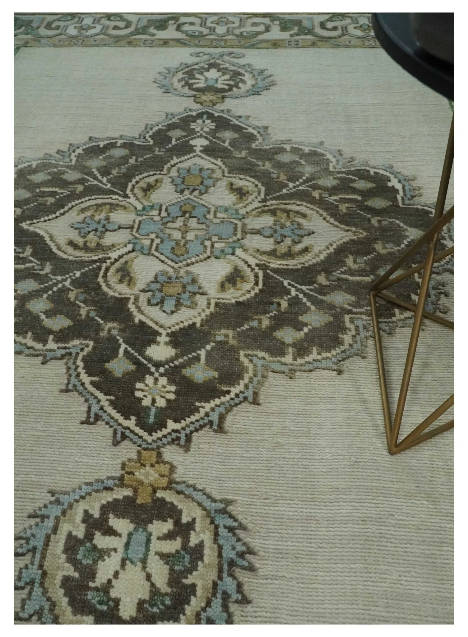 Ivory, Green and Beige Traditional Medallion Hand knotted Multi Size wool Area Rug - Image 2