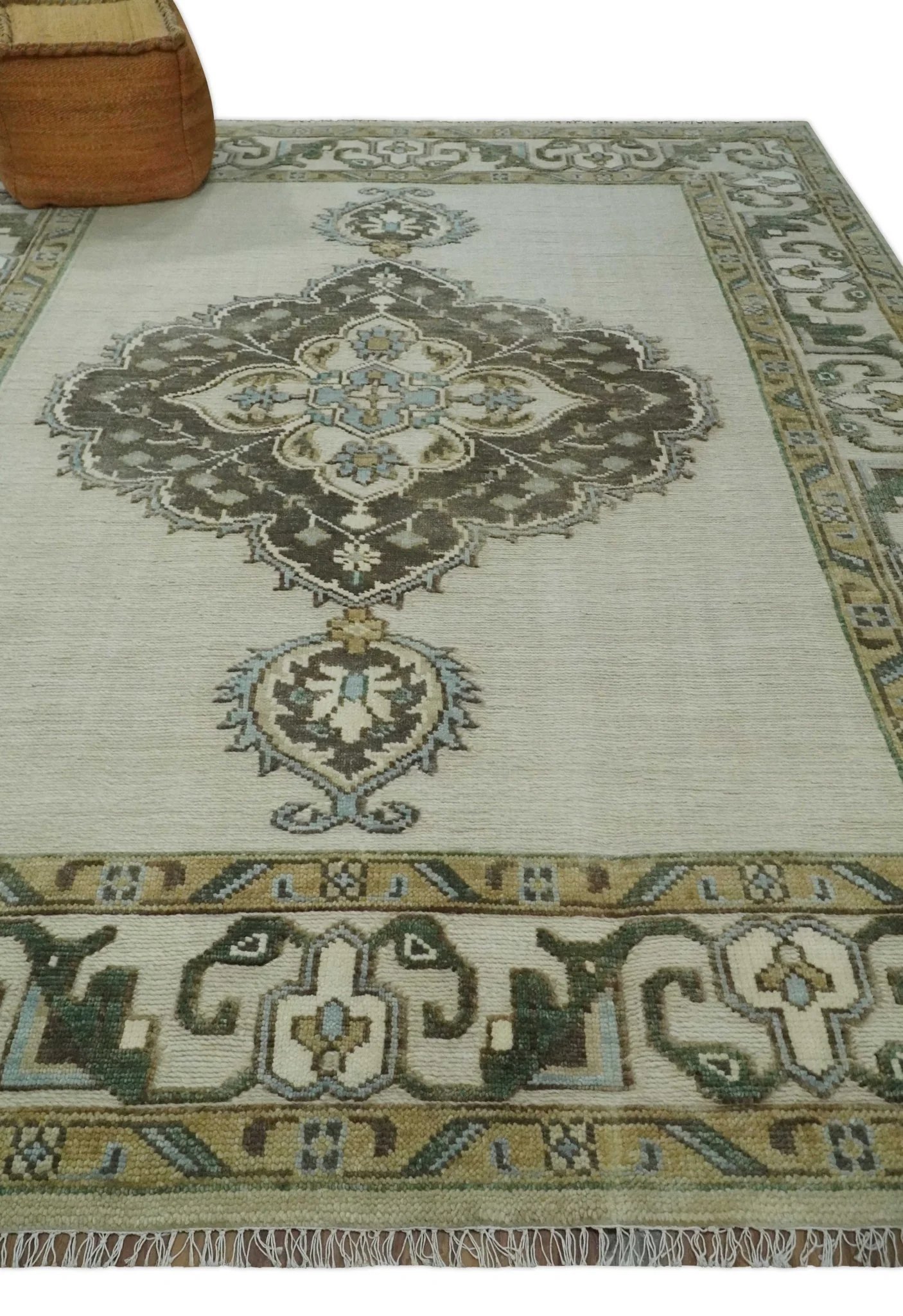 Ivory, Green and Beige Traditional Medallion Hand knotted Multi Size wool Area Rug - Image 3