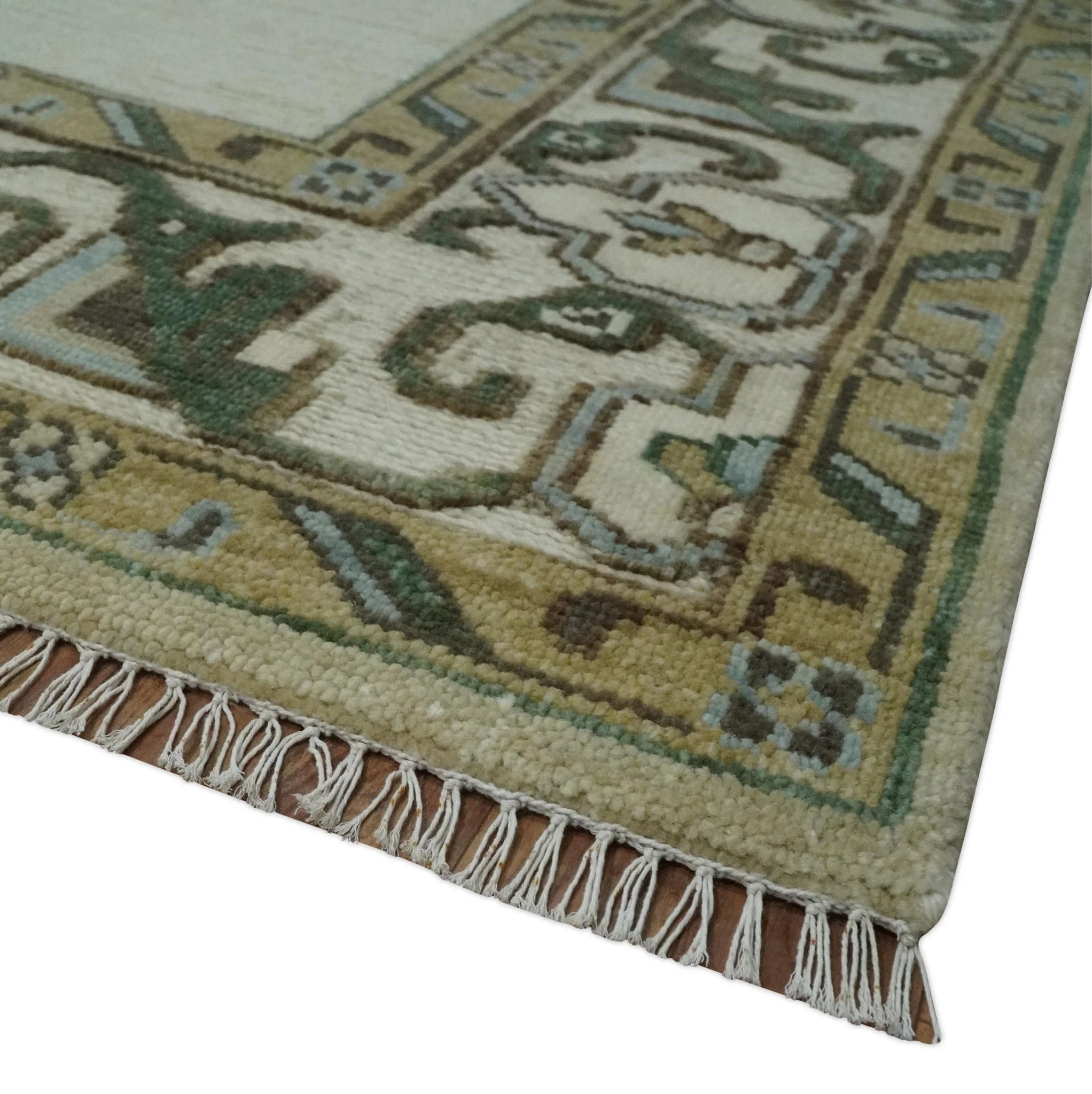 Ivory, Green and Beige Traditional Medallion Hand knotted Multi Size wool Area Rug - Image 5