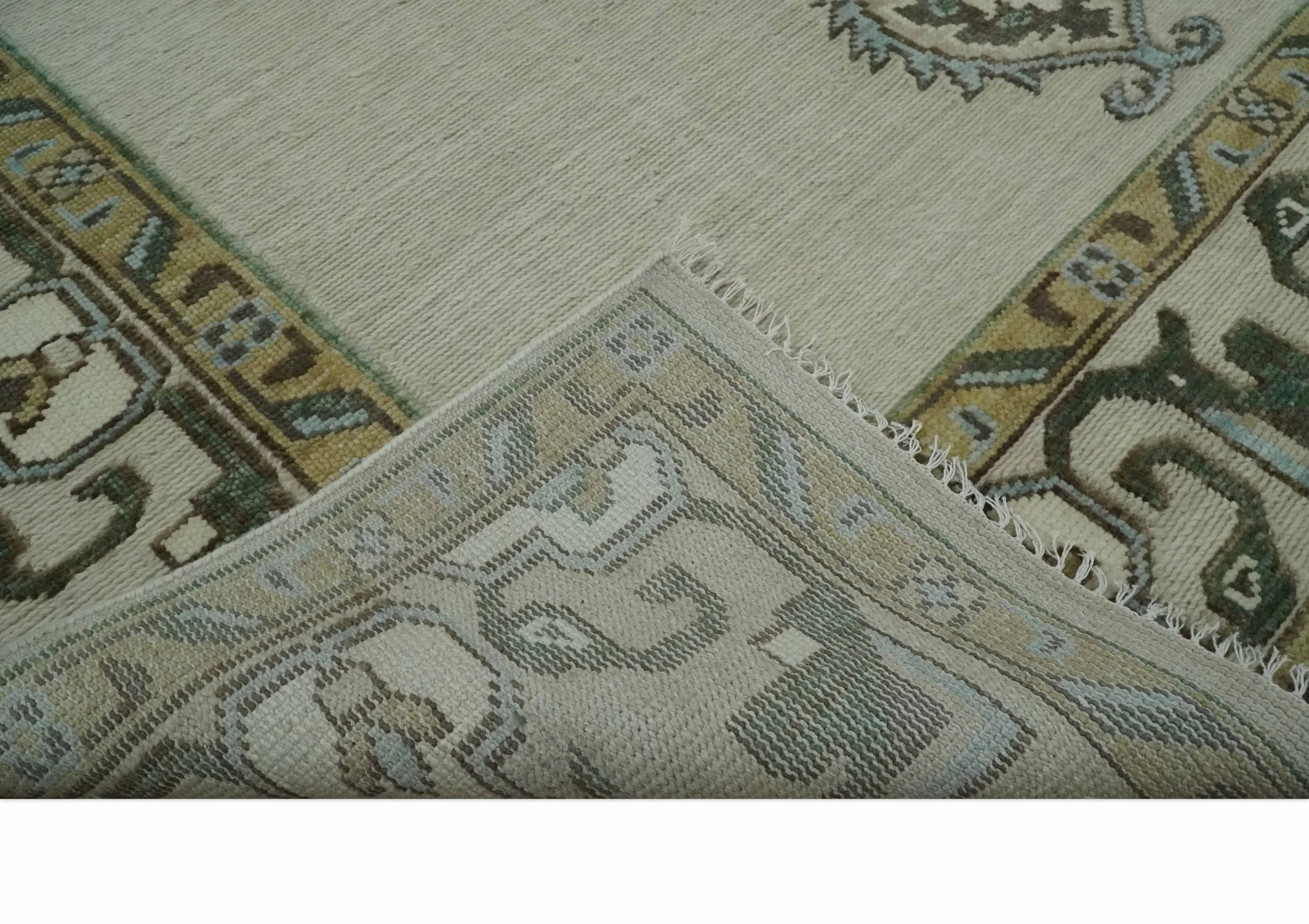 Ivory, Green and Beige Traditional Medallion Hand knotted Multi Size wool Area Rug - Image 7