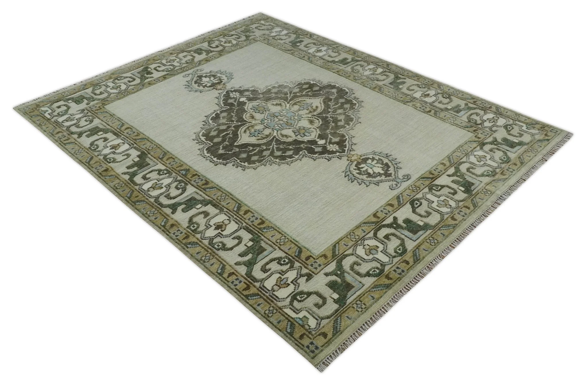 Ivory, Green and Beige Traditional Medallion Hand knotted Multi Size wool Area Rug - Image 9
