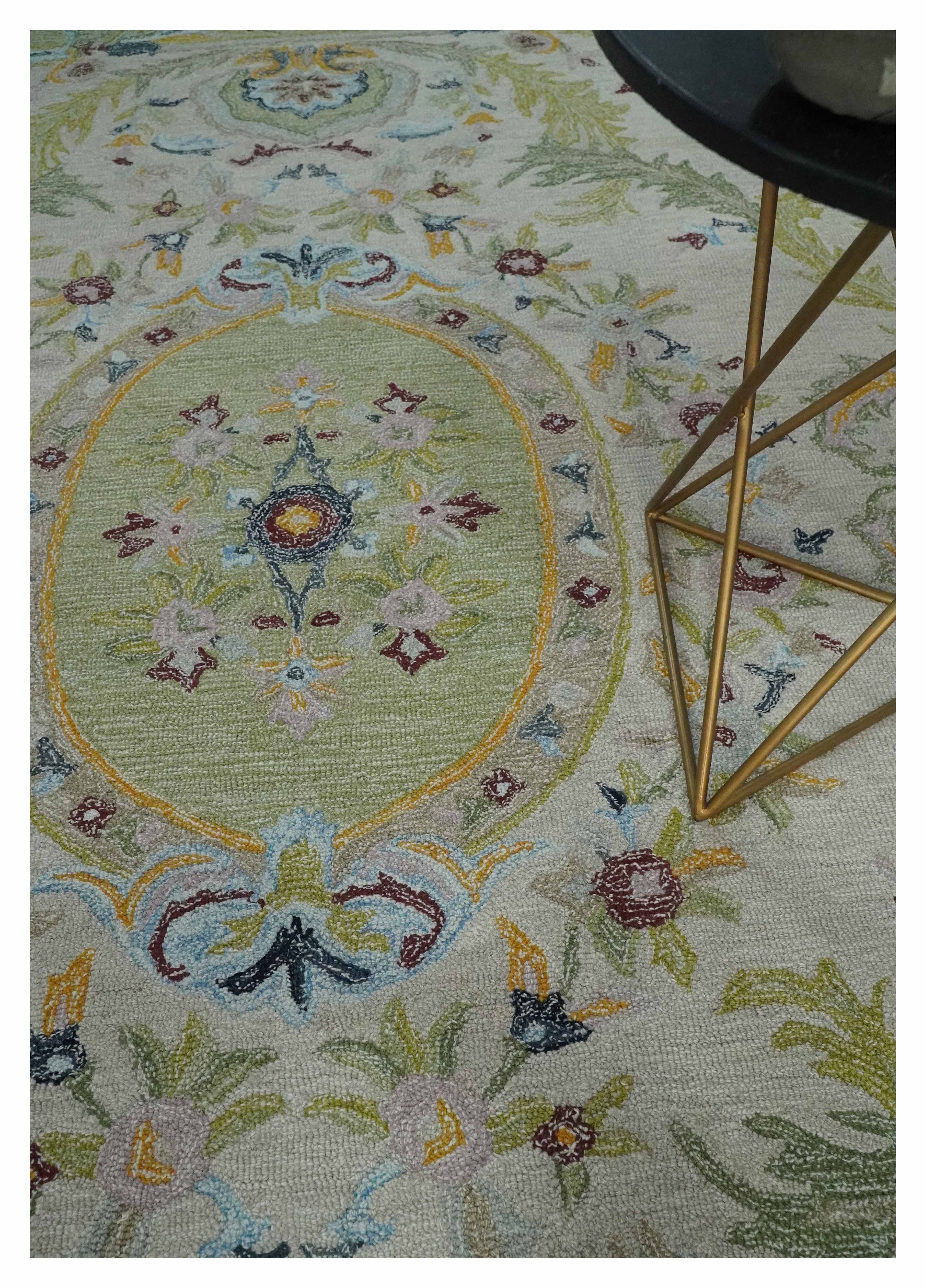 Ivory and Green 8x10 French Design Aubusson Hand Tufted Wool Area Rug - Image 2