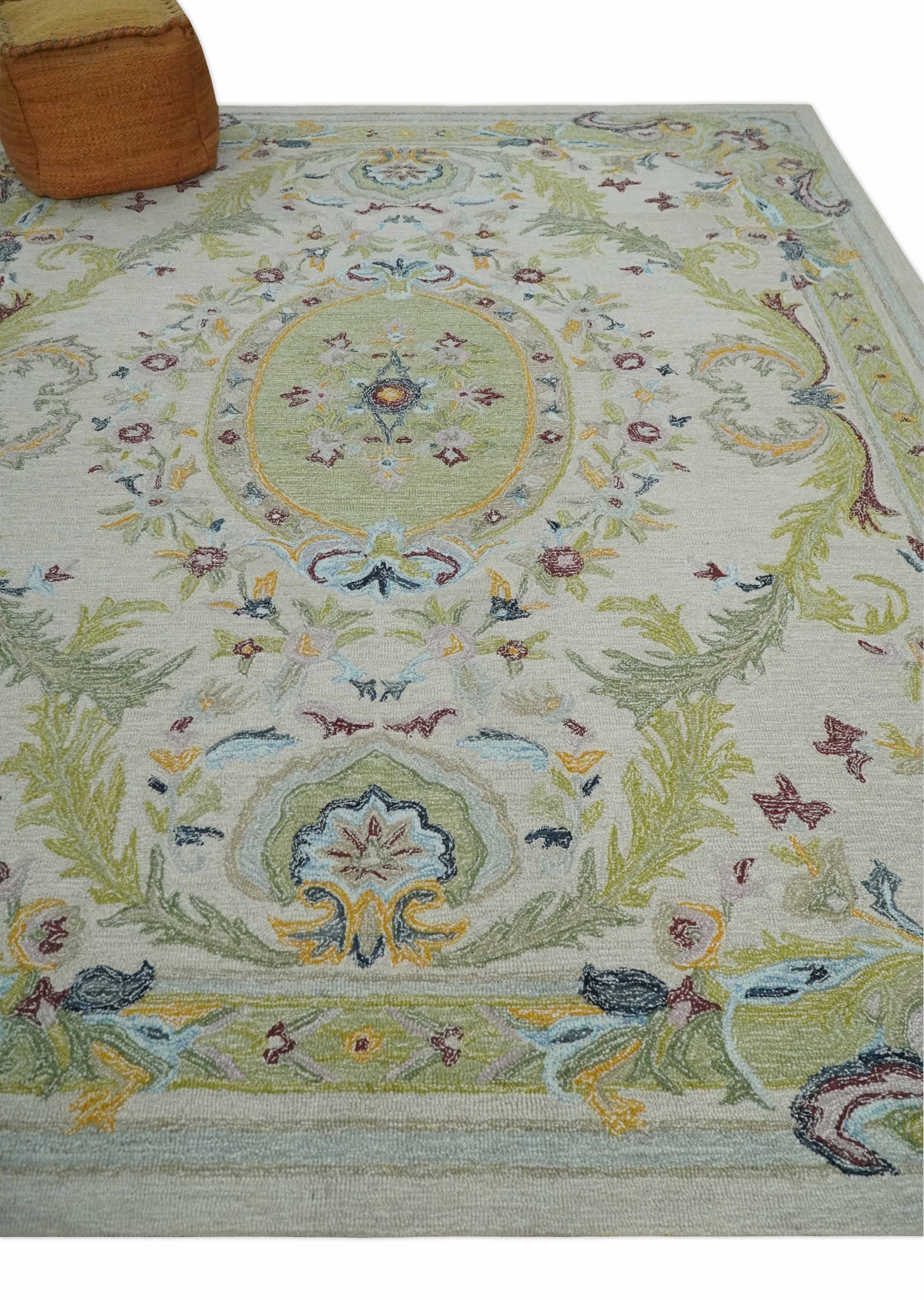Ivory and Green 8x10 French Design Aubusson Hand Tufted Wool Area Rug - Image 3