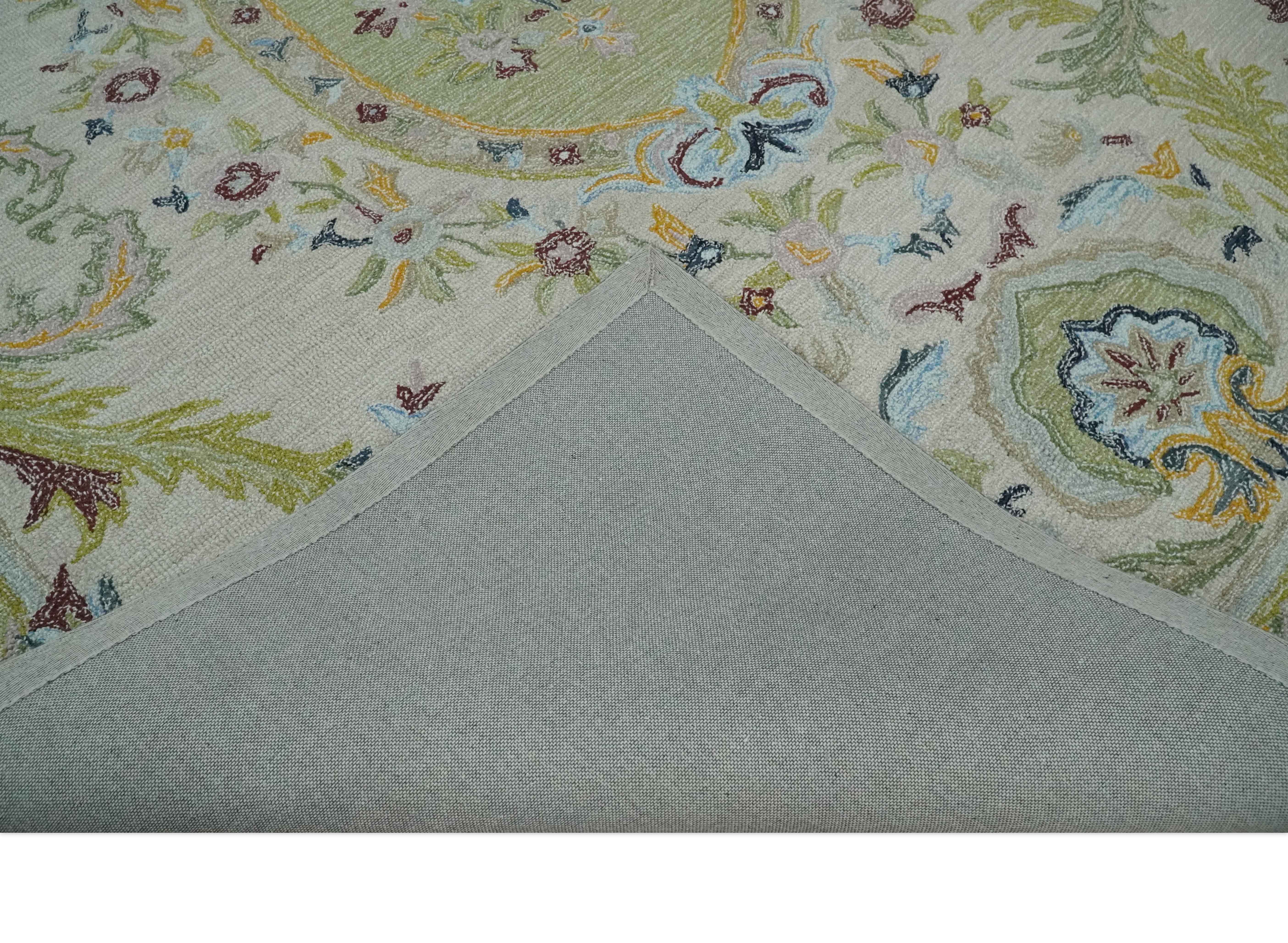 Ivory and Green 8x10 French Design Aubusson Hand Tufted Wool Area Rug - Image 6