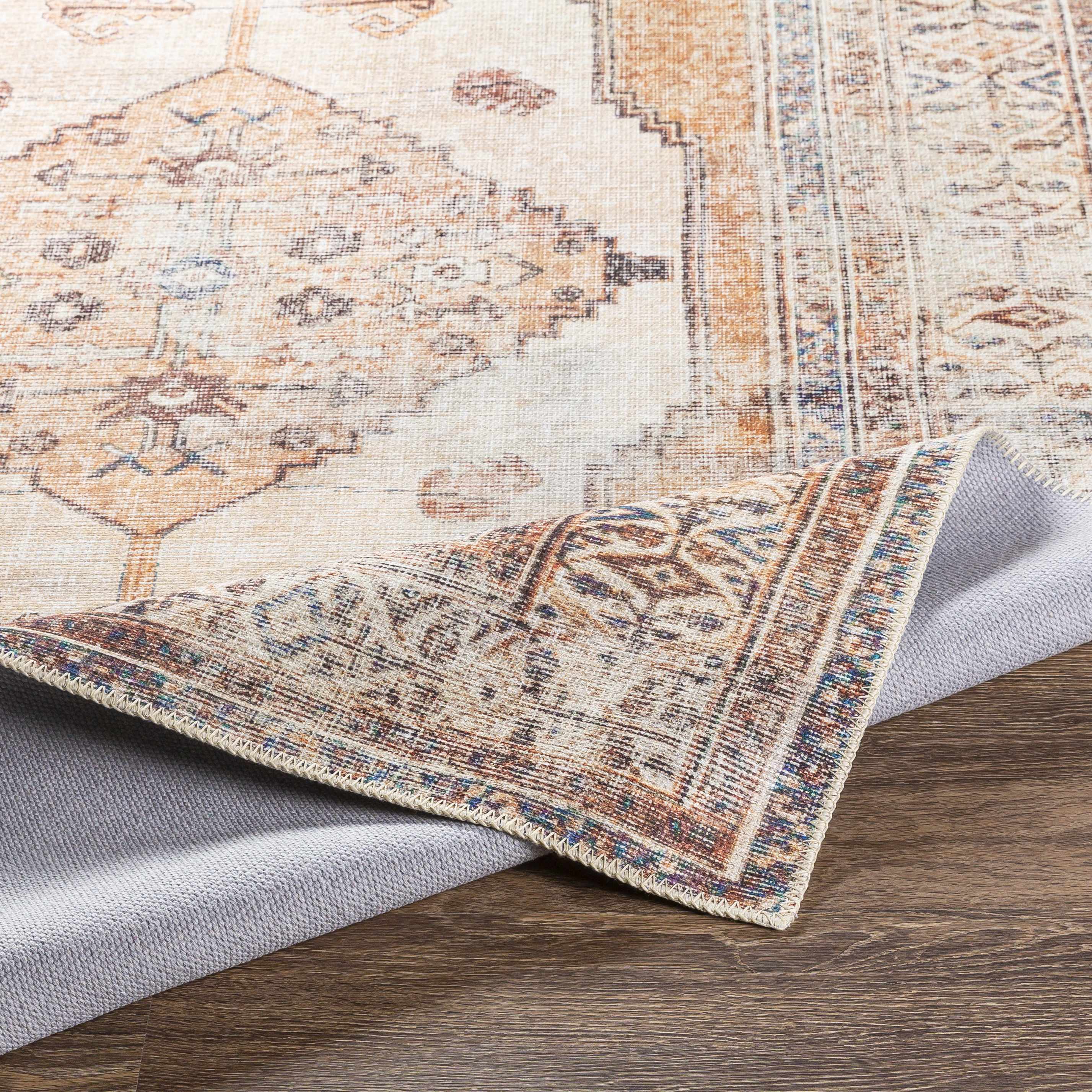 Vintage Style Ivory, Terracotta and Tan Traditional Machine Washable Rug - Image 13