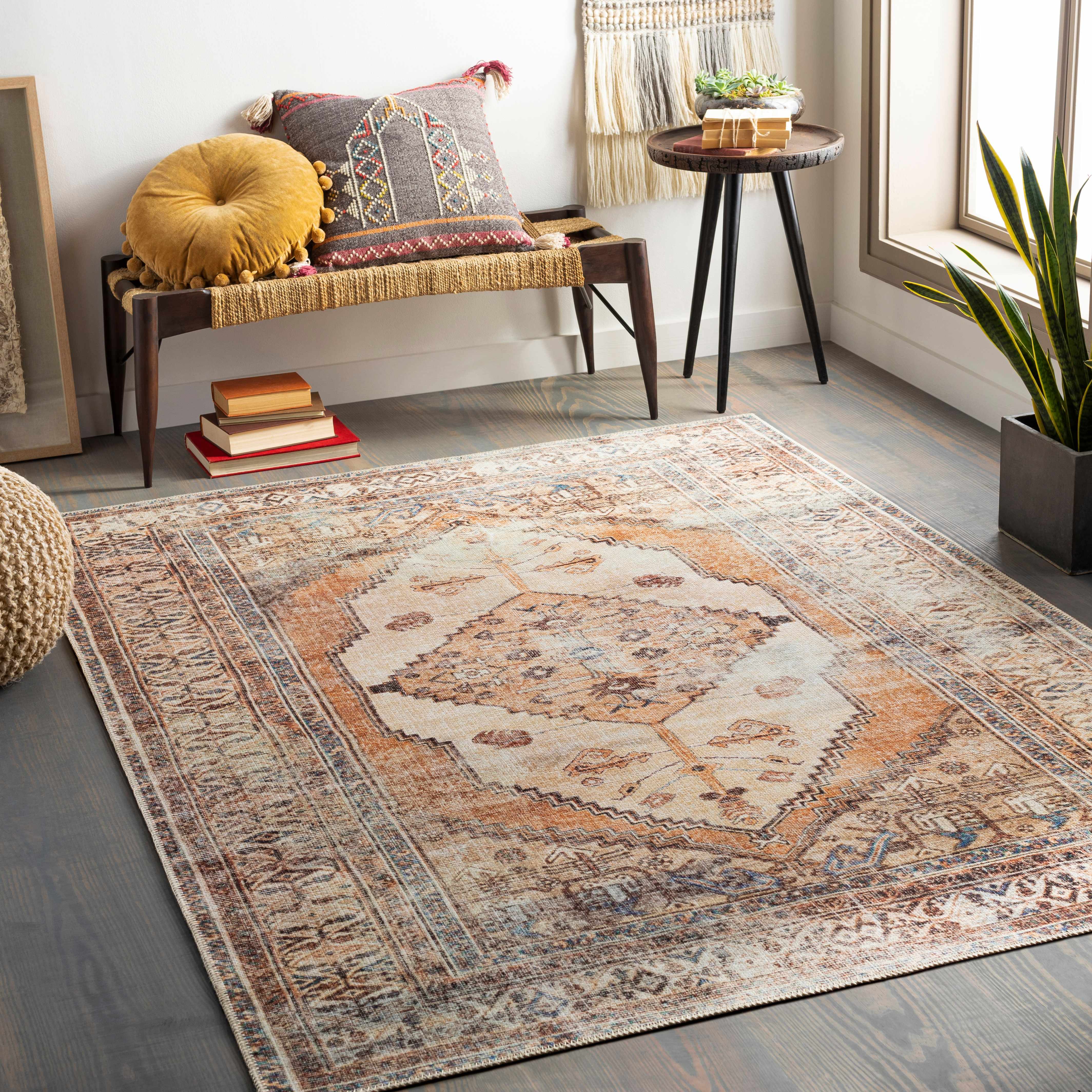 Vintage Style Ivory, Terracotta and Tan Traditional Machine Washable Rug - Image 3
