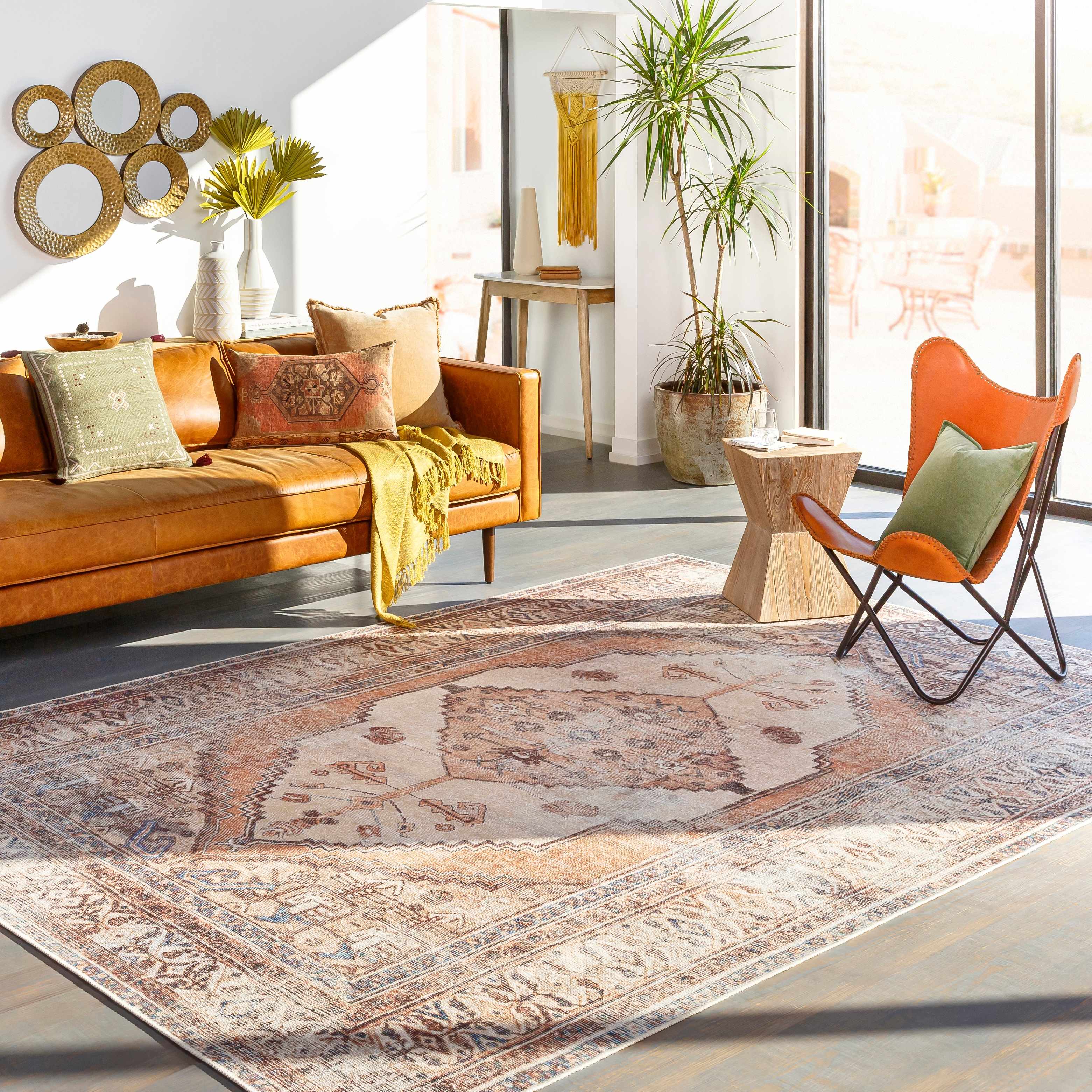 Vintage Style Ivory, Terracotta and Tan Traditional Machine Washable Rug - Image 5