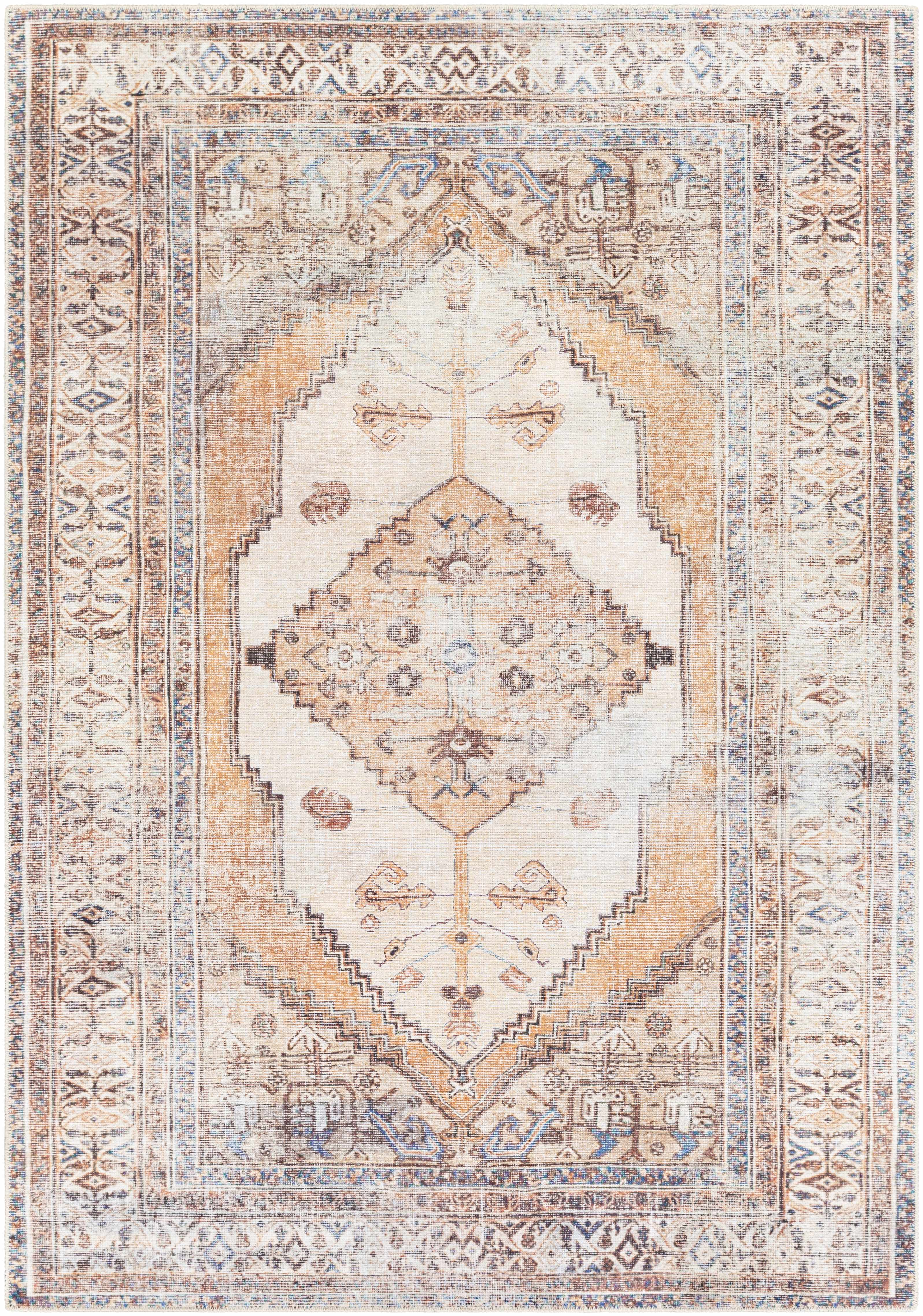 Vintage Style Ivory, Terracotta and Tan Traditional Machine Washable Rug - Image 6
