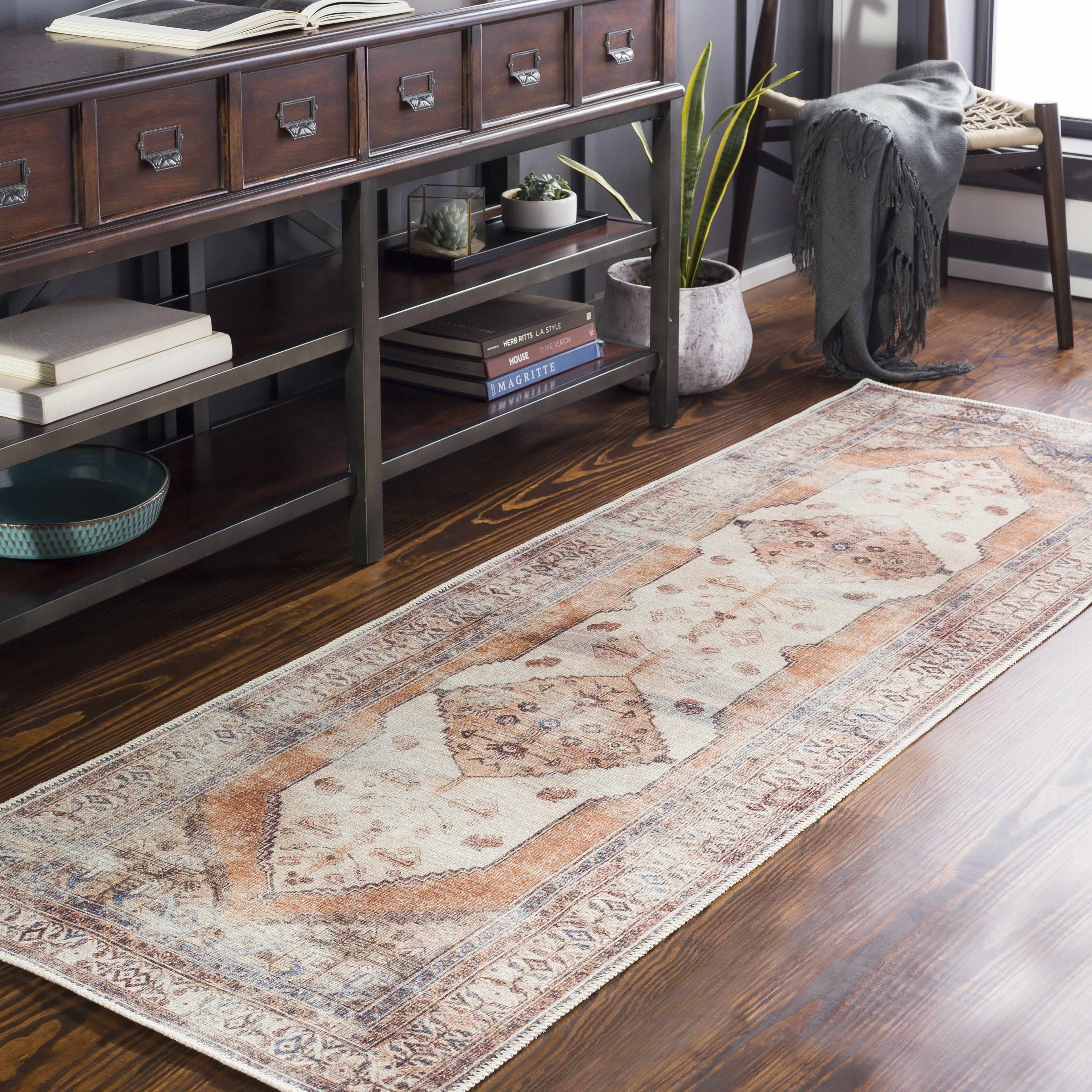 Vintage Style Ivory, Terracotta and Tan Traditional Machine Washable Rug - Image 8