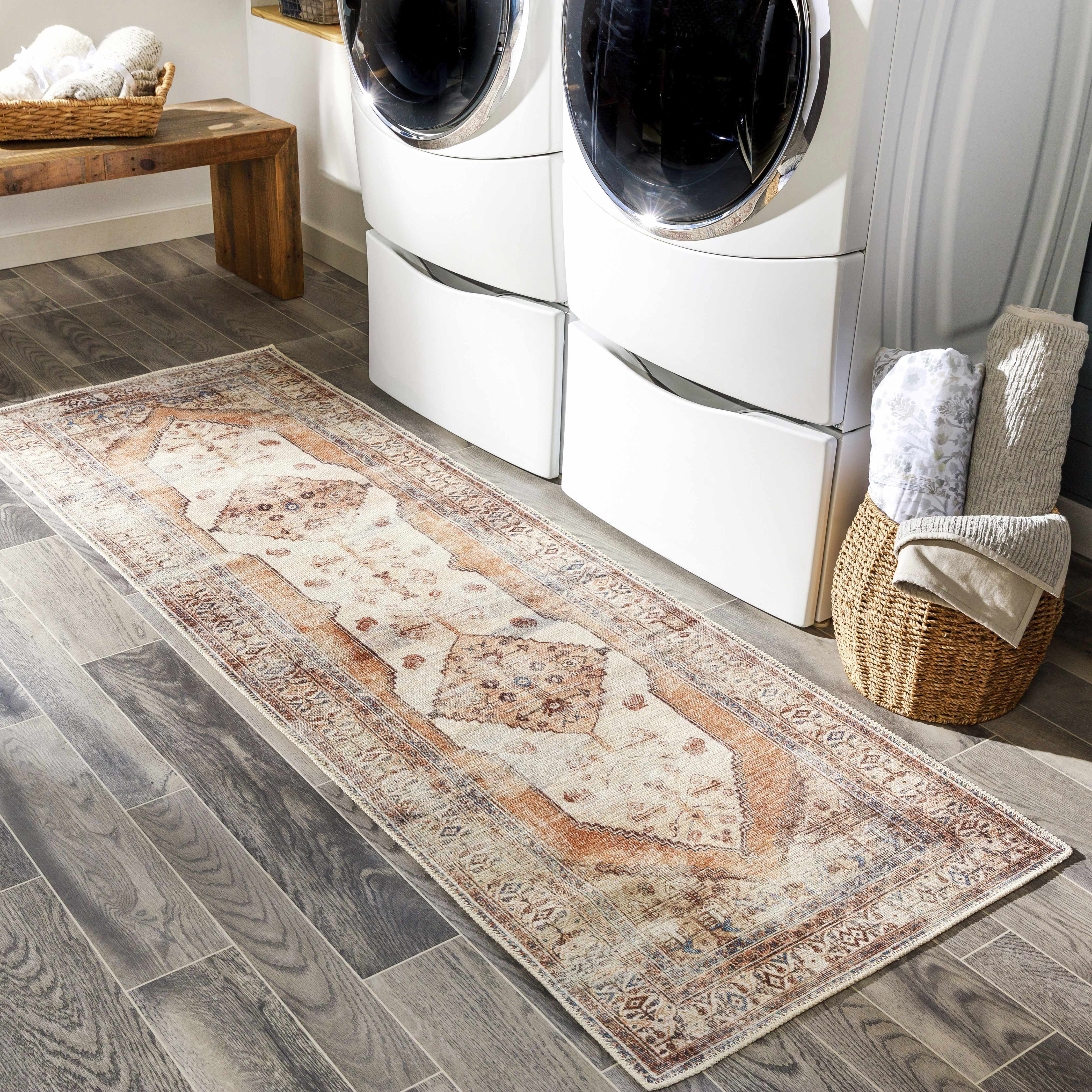 Vintage Style Ivory, Terracotta and Tan Traditional Machine Washable Rug - Image 9