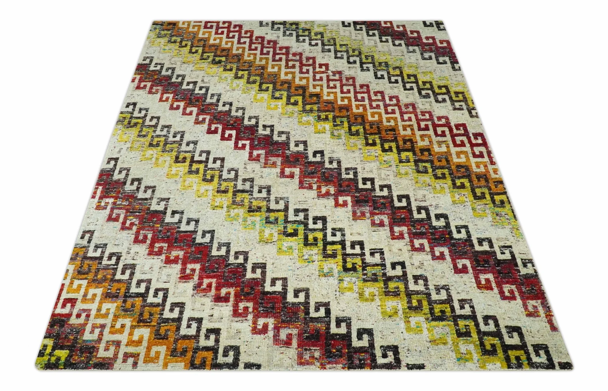 8x10 Ivory, Maroon, Black and Mustard Greek key design Hand Knotted wool area rug - Image 10