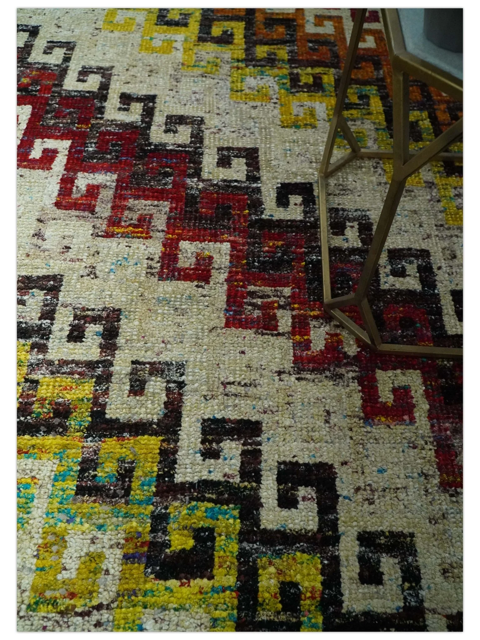 8x10 Ivory, Maroon, Black and Mustard Greek key design Hand Knotted wool area rug - Image 2