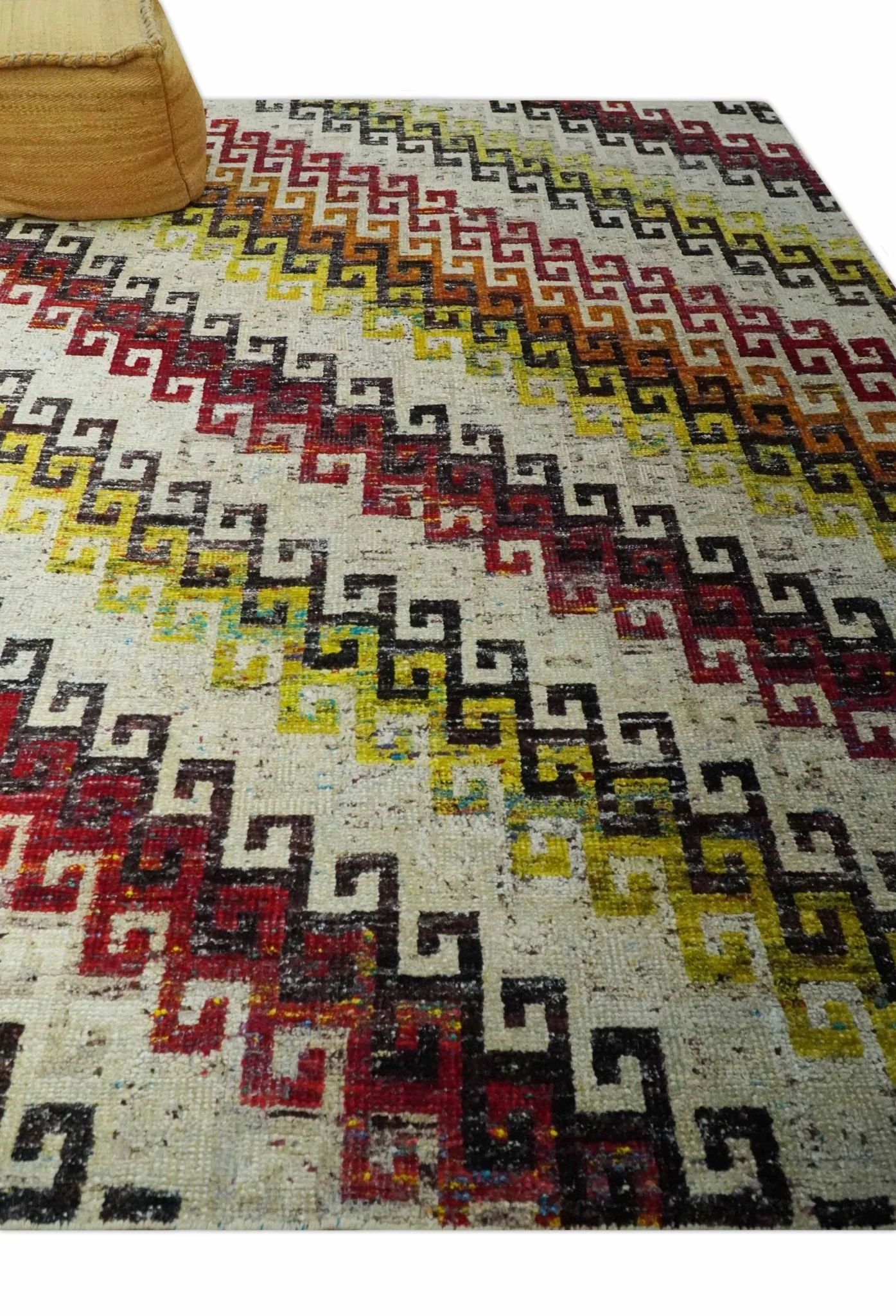 8x10 Ivory, Maroon, Black and Mustard Greek key design Hand Knotted wool area rug - Image 3