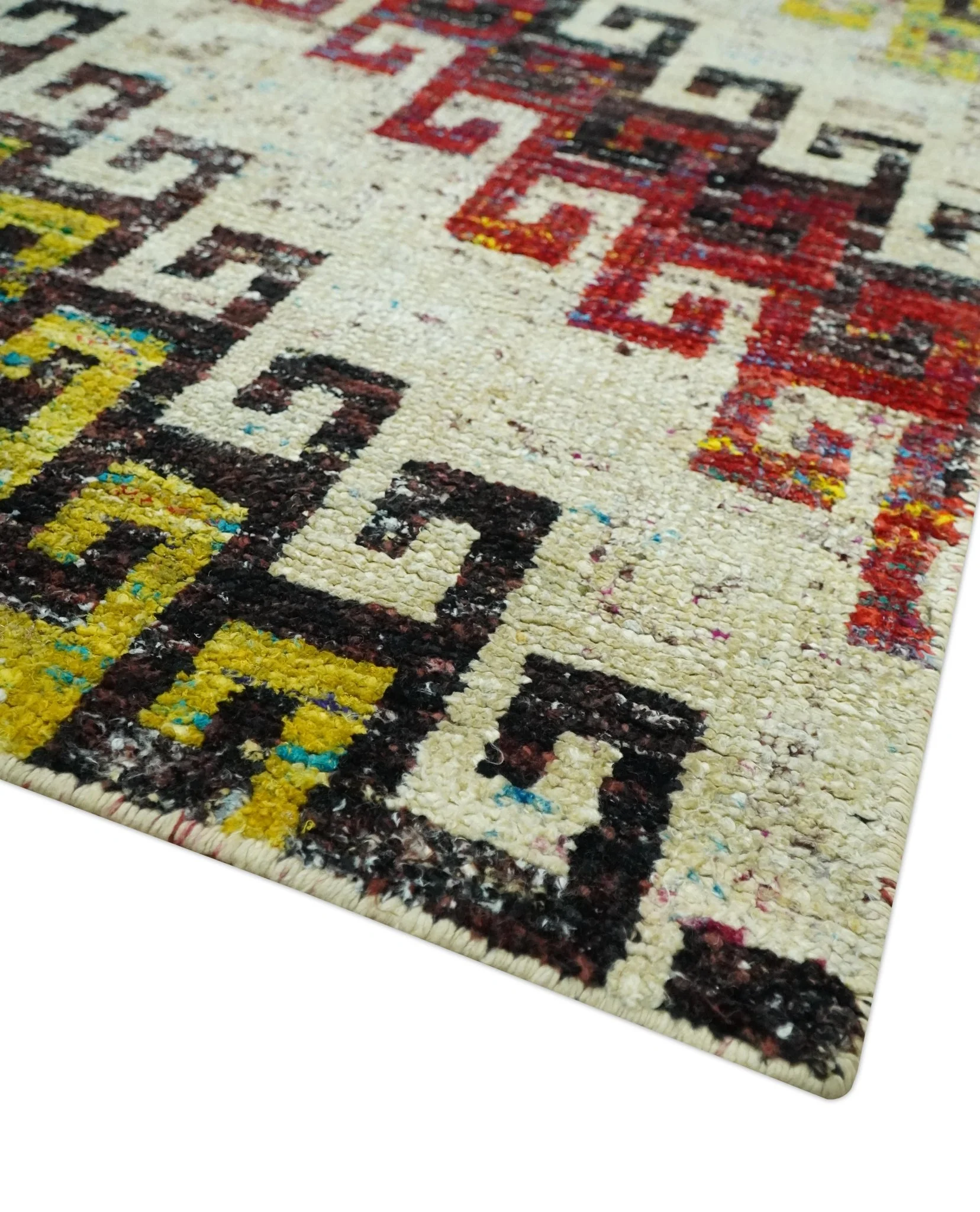 8x10 Ivory, Maroon, Black and Mustard Greek key design Hand Knotted wool area rug - Image 5